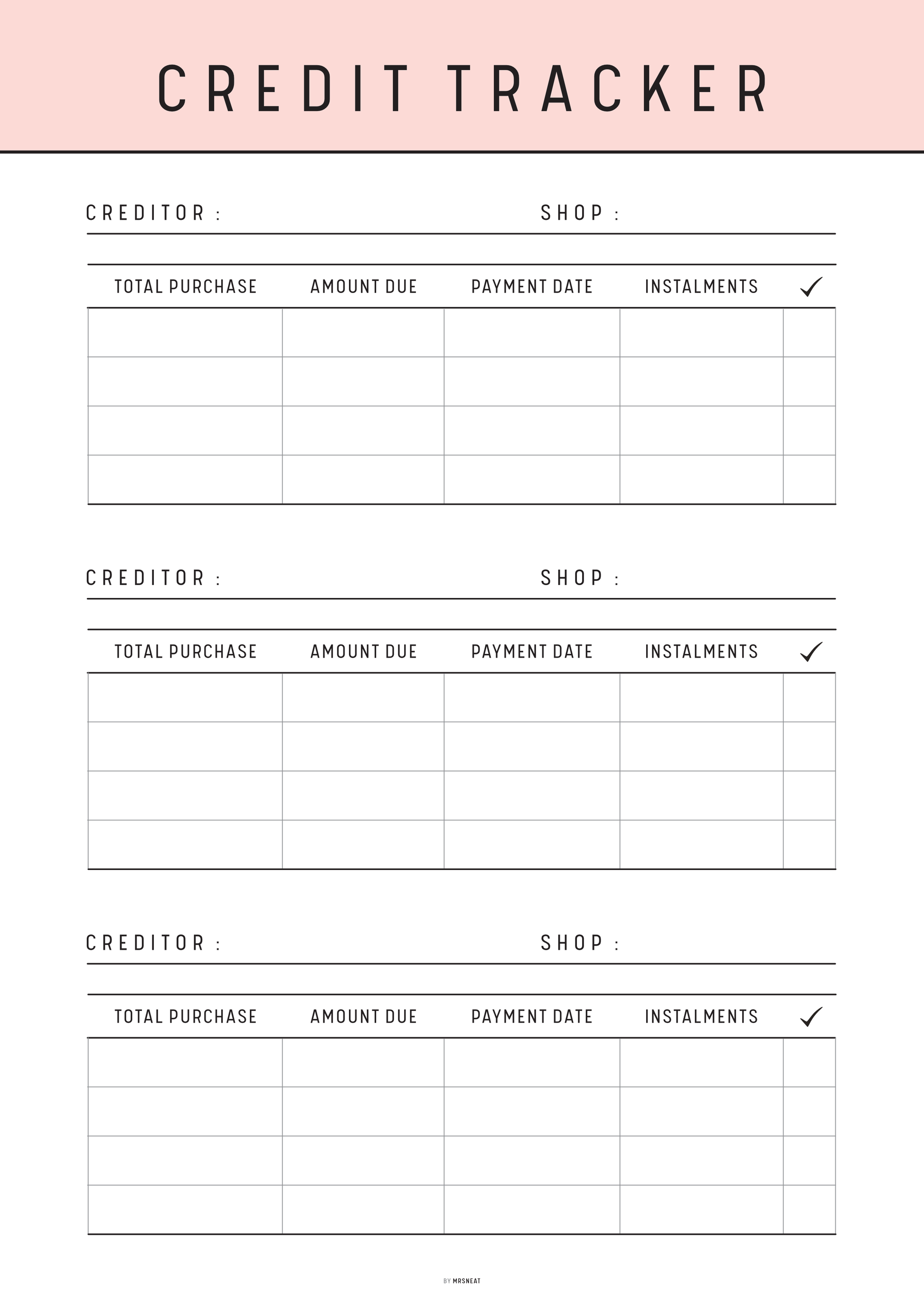 Credit tracker sheet with columns for creditor, shop, total purchase, amount due, payment date, and instalments on a pink background.