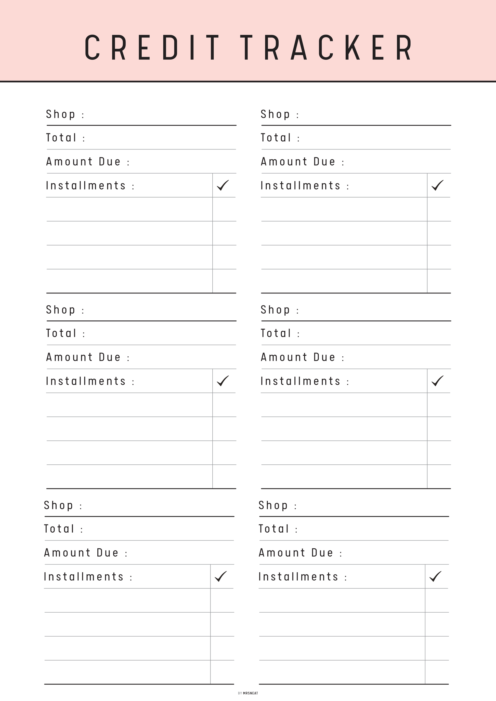 Credit tracker sheet with columns for shops, totals, amount due, and installments on a pink background.