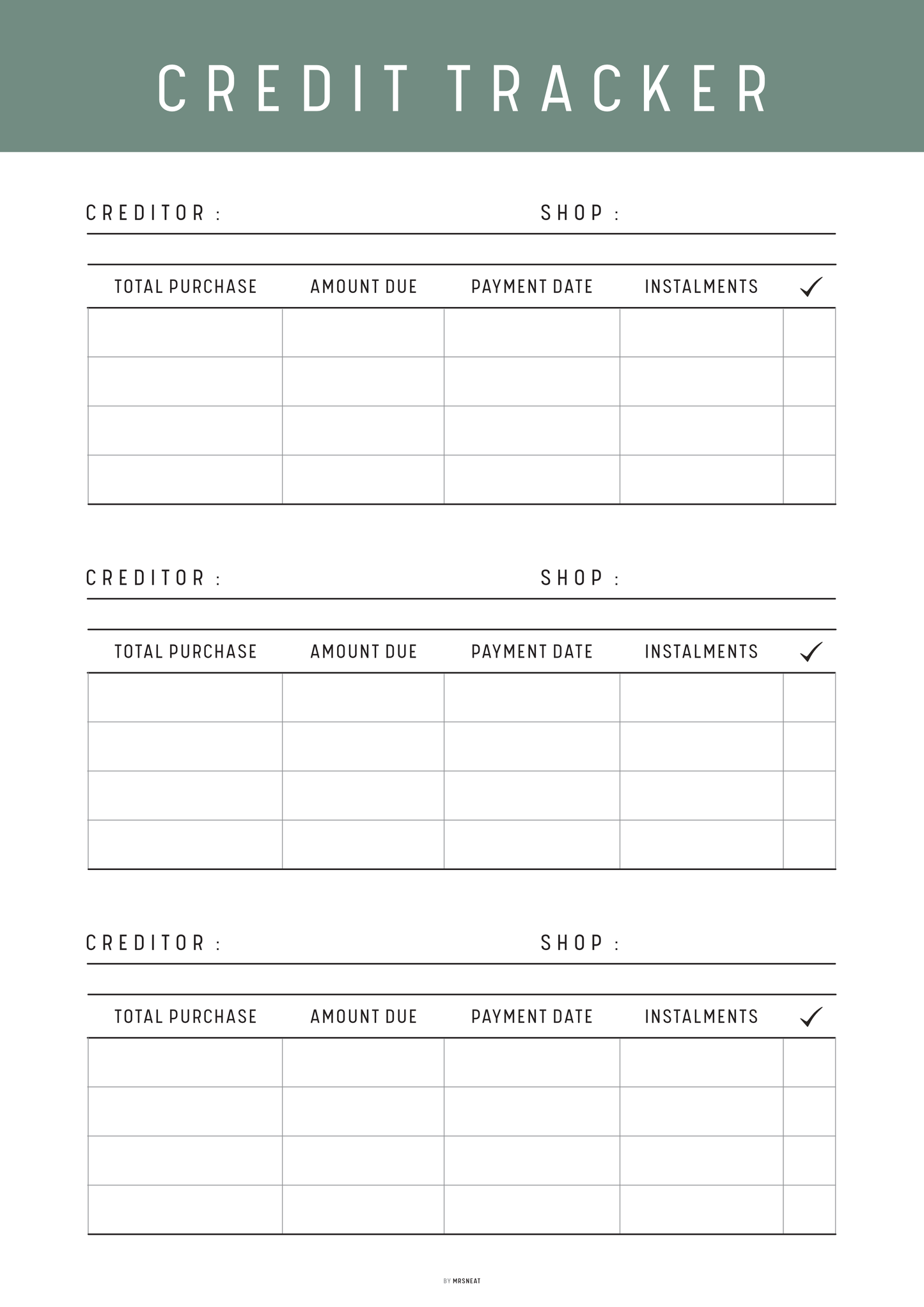 Credit tracker form with columns for creditor, shop, total purchase, amount due, payment date, and instalments.