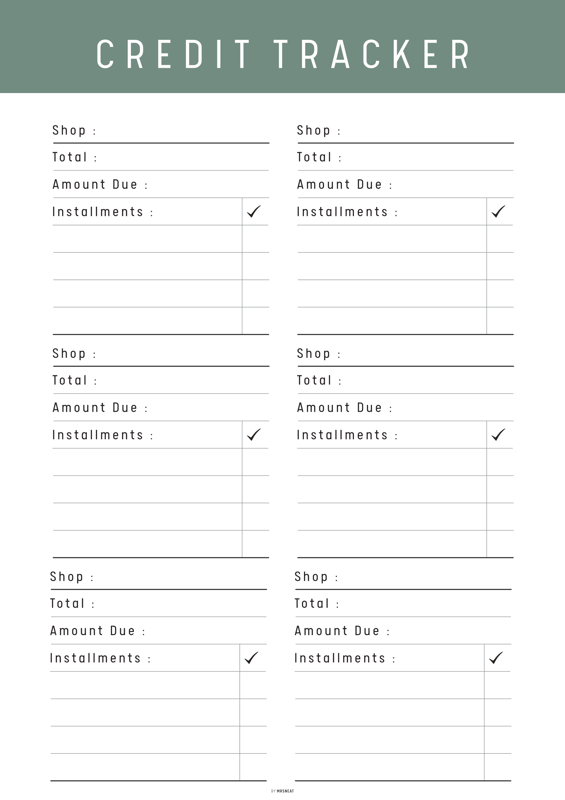 Credit tracker form with columns for shops, totals, amount due, and installments.