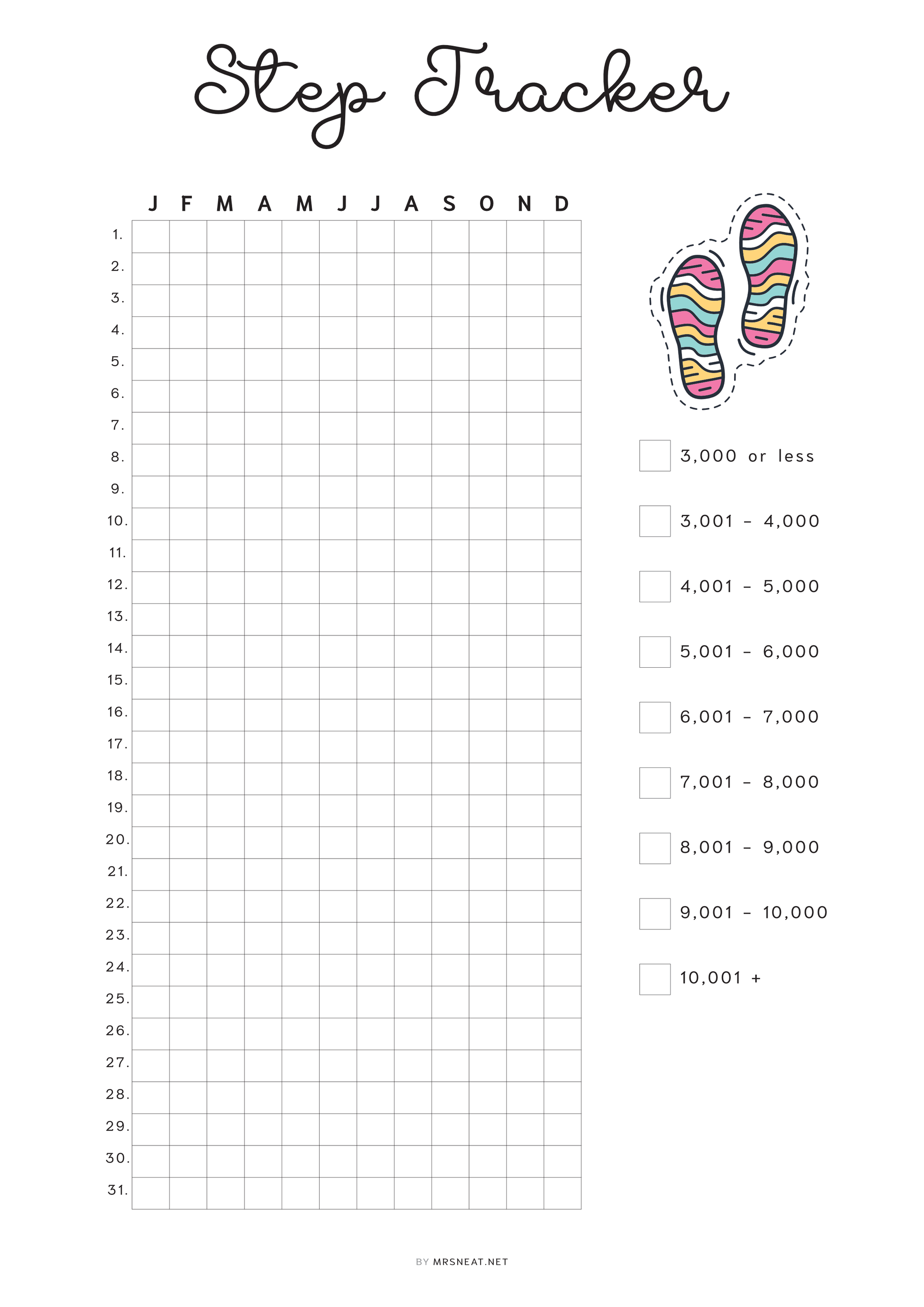 Step Tracker Printable PDF, A4, A5, Letter, Half Letter, Minimalist Planner, Digital Planner, pre-filled & blank version, Walk Tracker