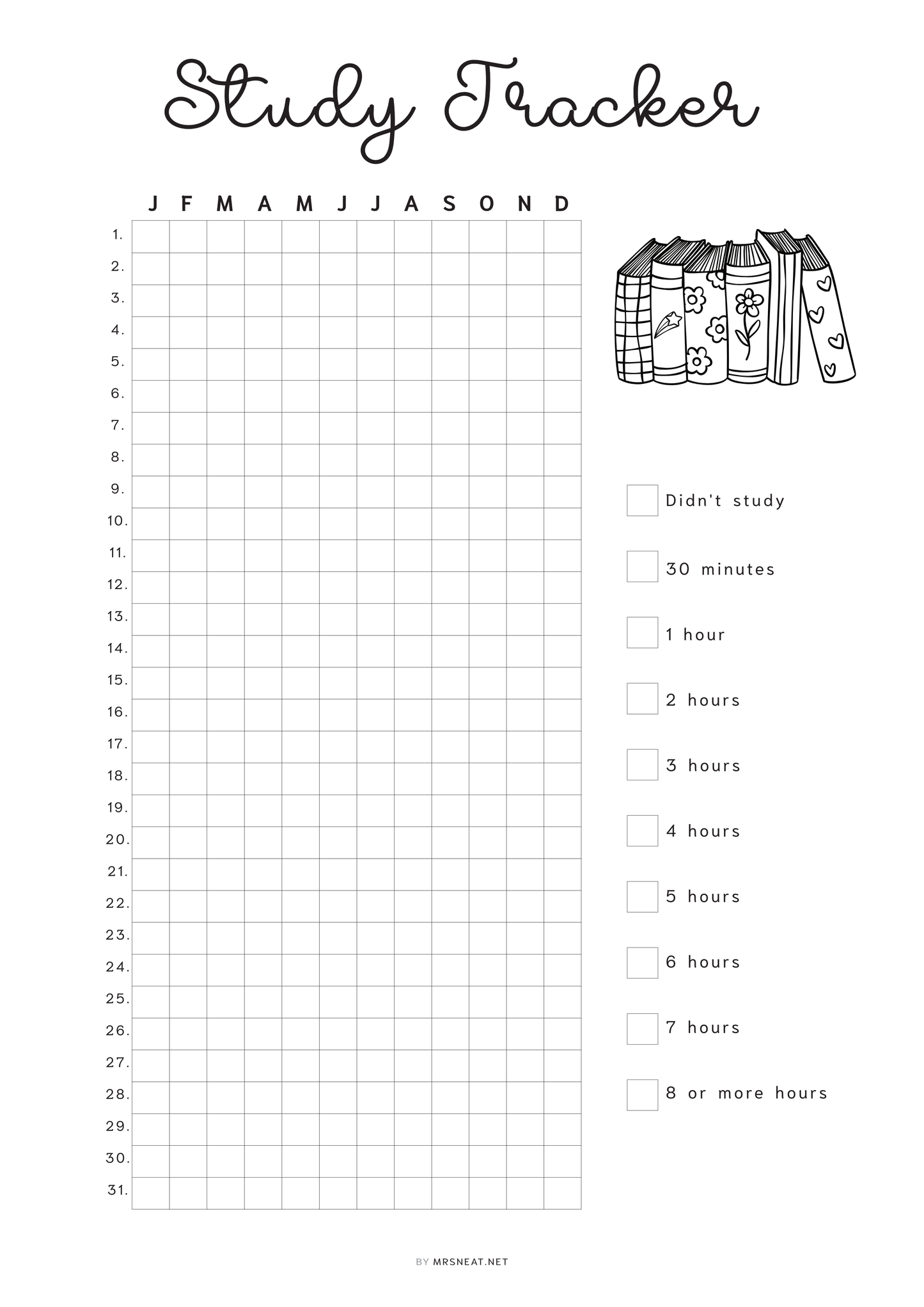 Study Tracker Printable PDF, A4, A5, Letter, Half Letter, Minimalist Planner, Digital Planner, 2 versions: pre-filled & blank