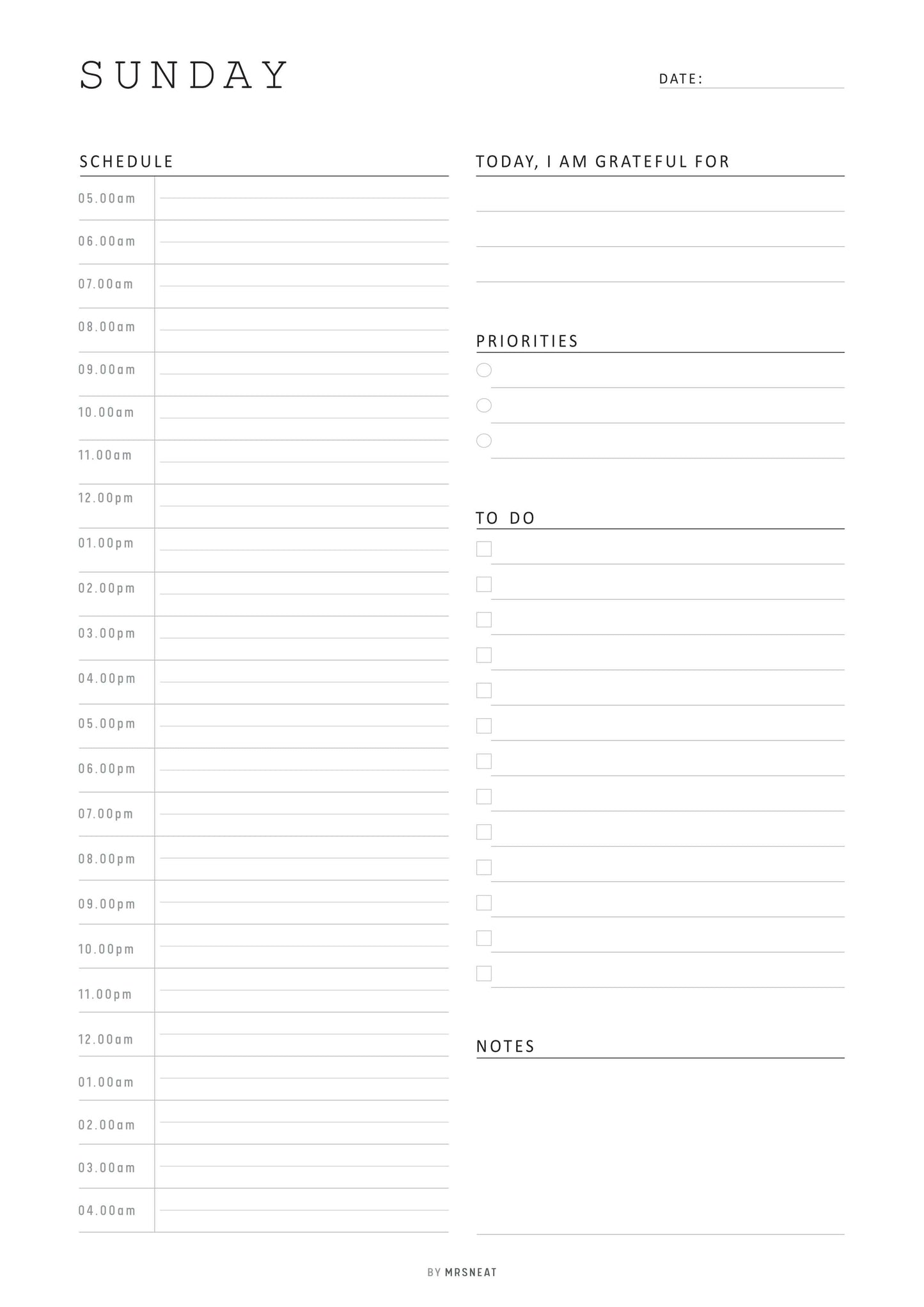 Minimalist Daily Half Hour Planner, Sunday to Monday, Digital & Printables, A4, A5, Letter, Half Letter Sunday Page