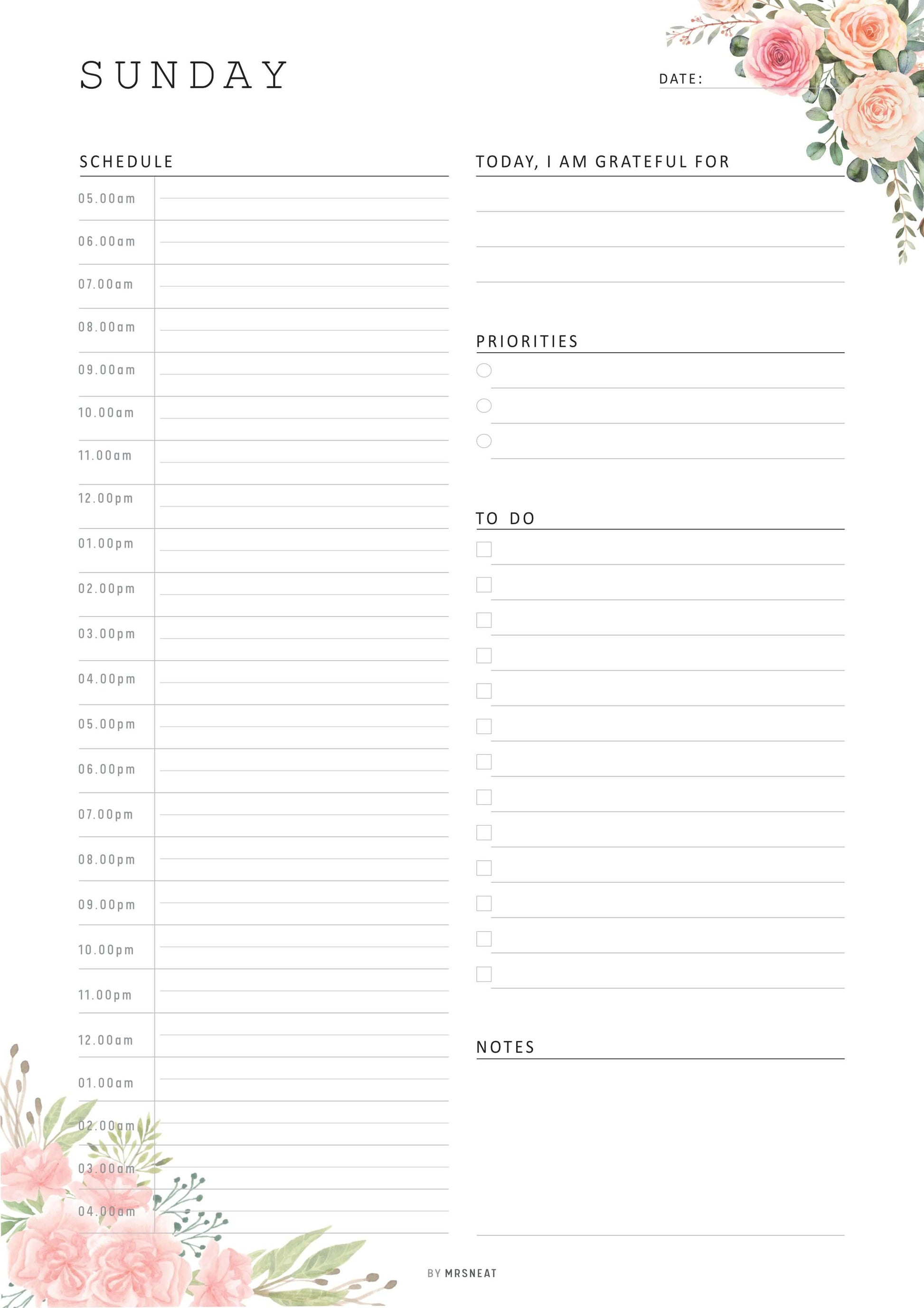 Floral Half Hour Daily Planner Monday to Sunday 7 Pages, Sunday Page