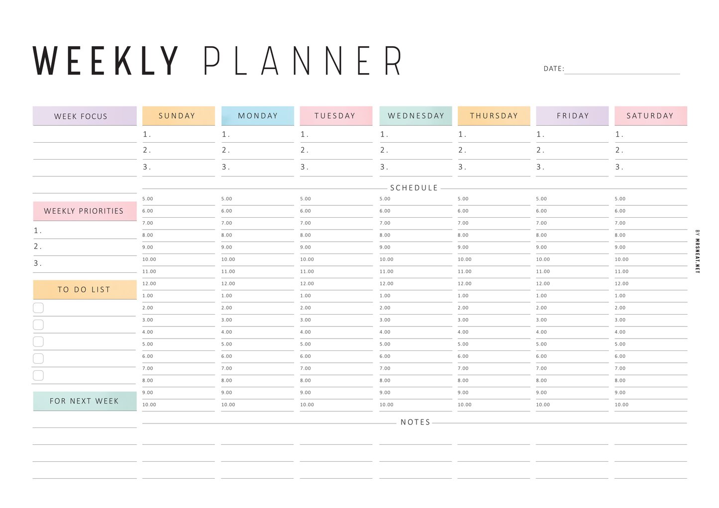 Weekly planner Sunday start with color-coded days and sections for focus, priorities, schedule, and notes.