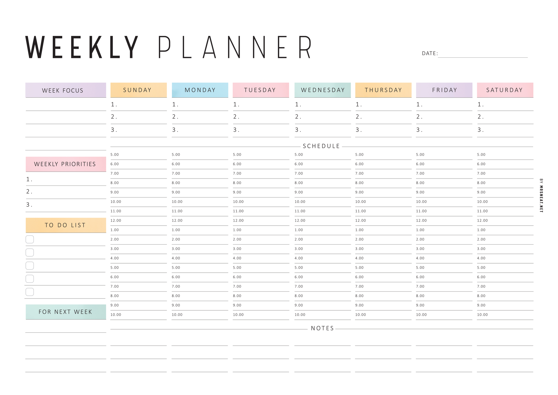 Weekly planner Sunday start with color-coded days and sections for focus, priorities, schedule, and notes.