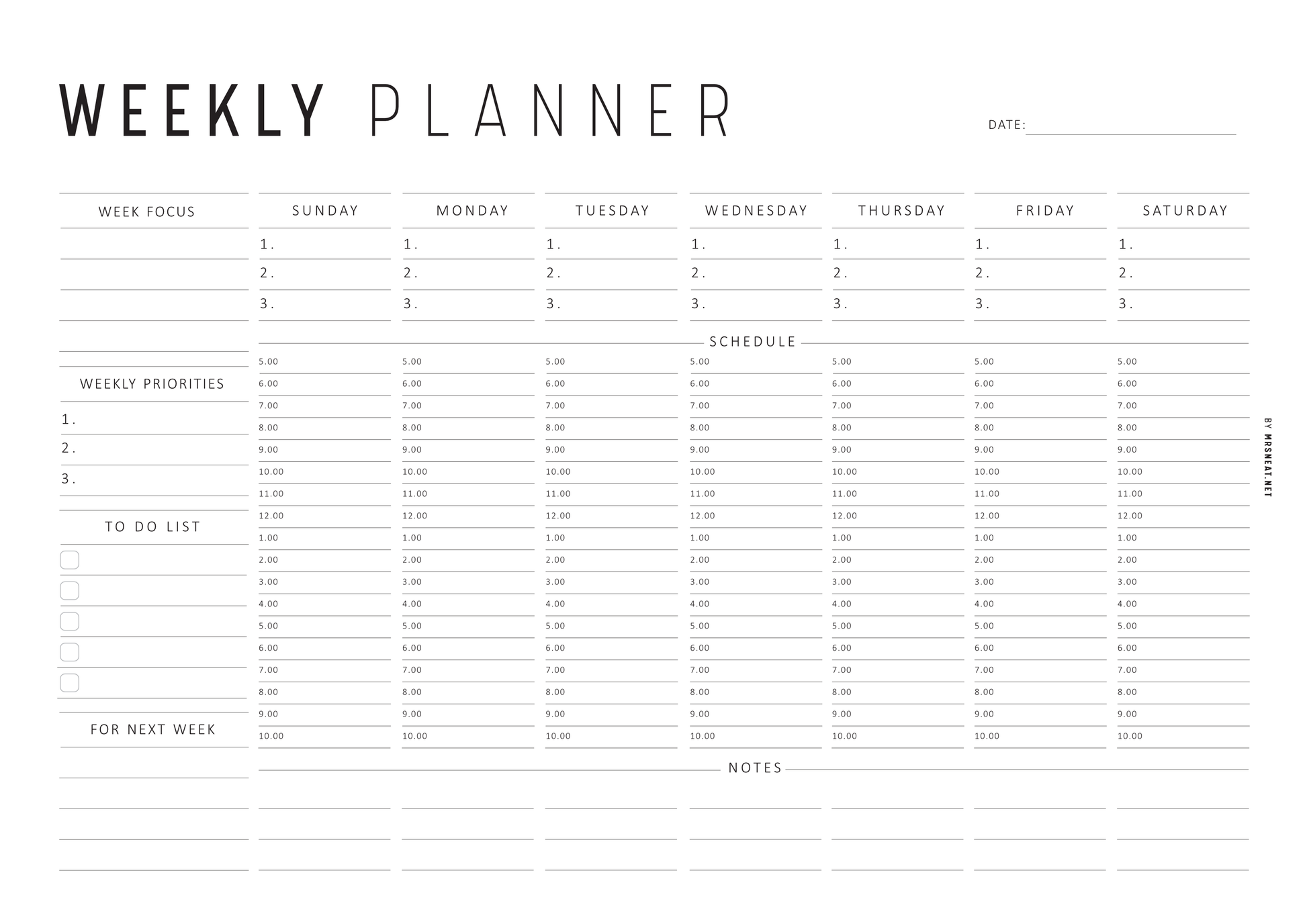 Weekly planner Sunday start with days of the week and sections for focus, priorities, schedule, to-do list, and notes.