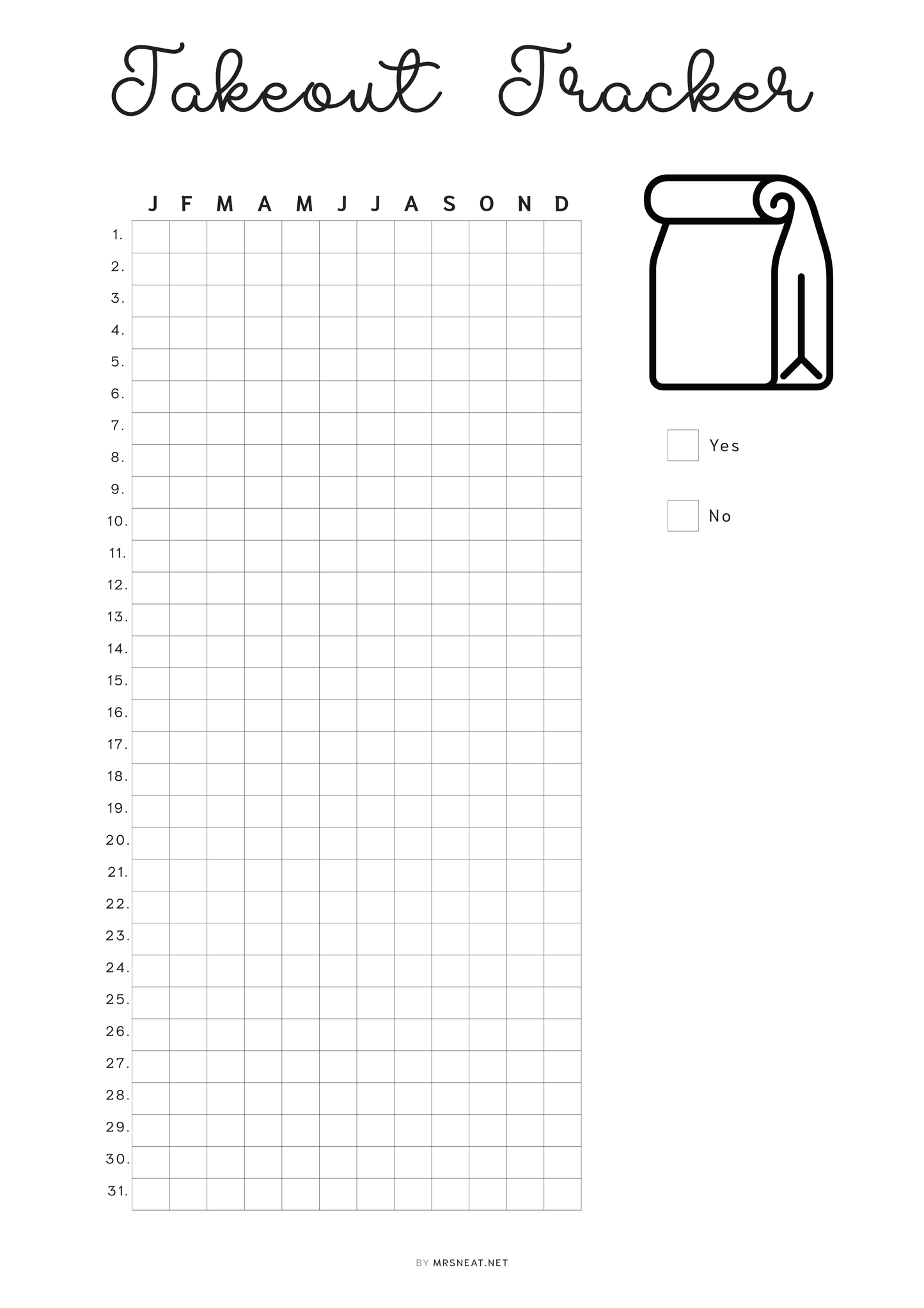 Takeout Tracker Printable PDF, Takeaway Tracker Template PDF, Digital Planner, Minimalist, A4, A5, Letter, Half Letter, Pre-filled, Blank