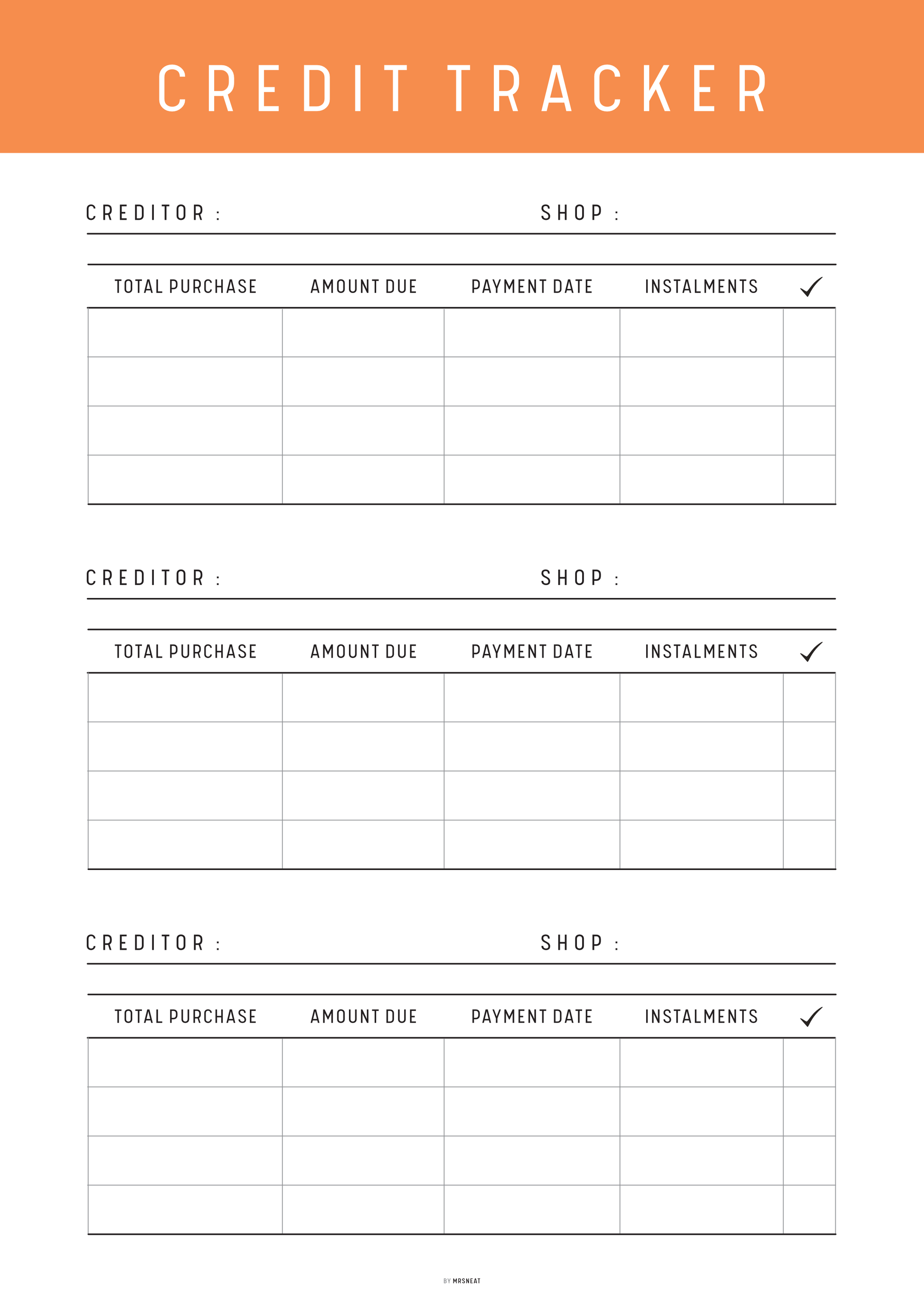 Credit tracker sheet with columns for creditor, shop, total purchase, amount due, payment date, and instalments.