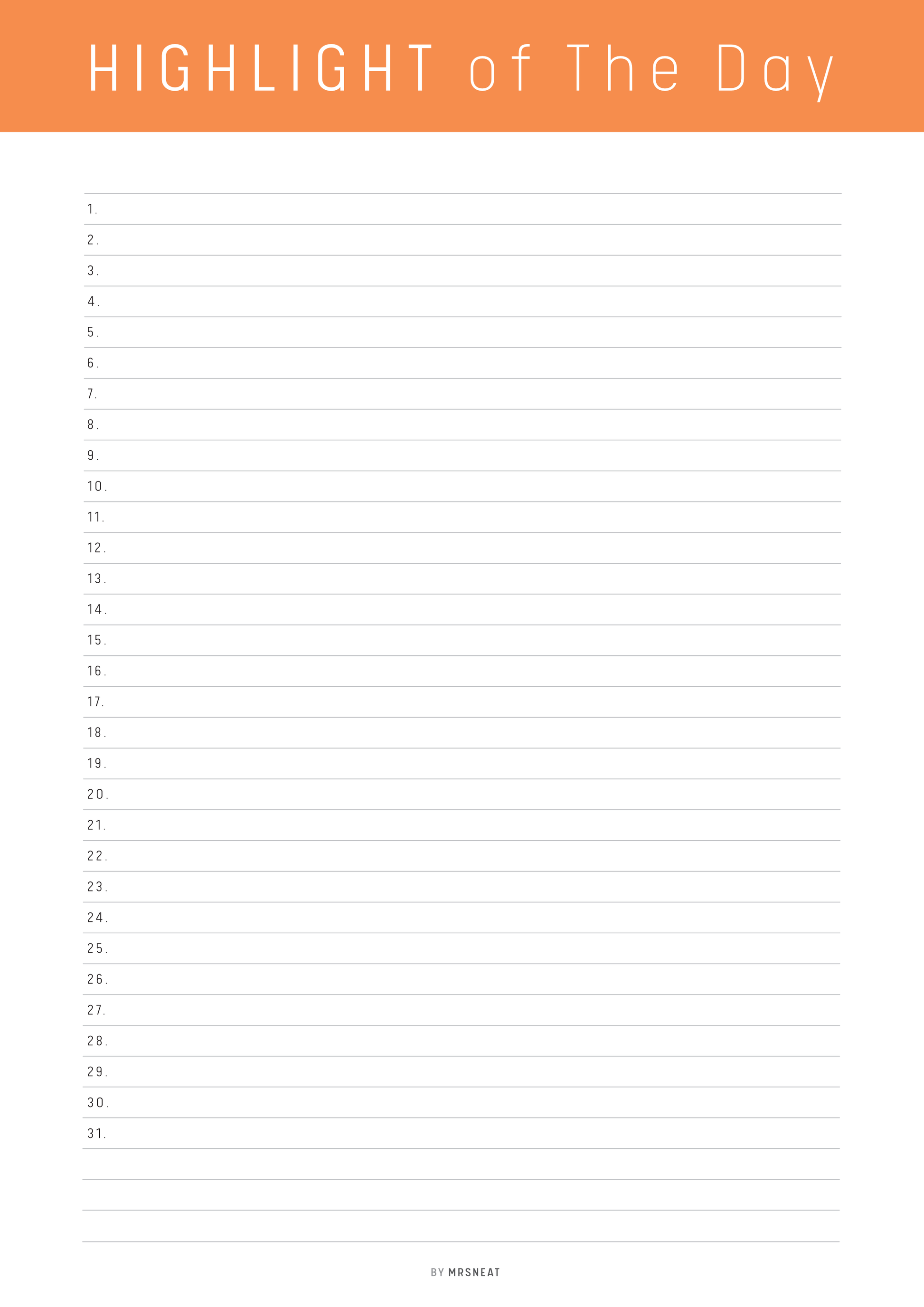 Blank list with numbers from 1 to 31 on a white background, titled 'Highlight of the Day'.