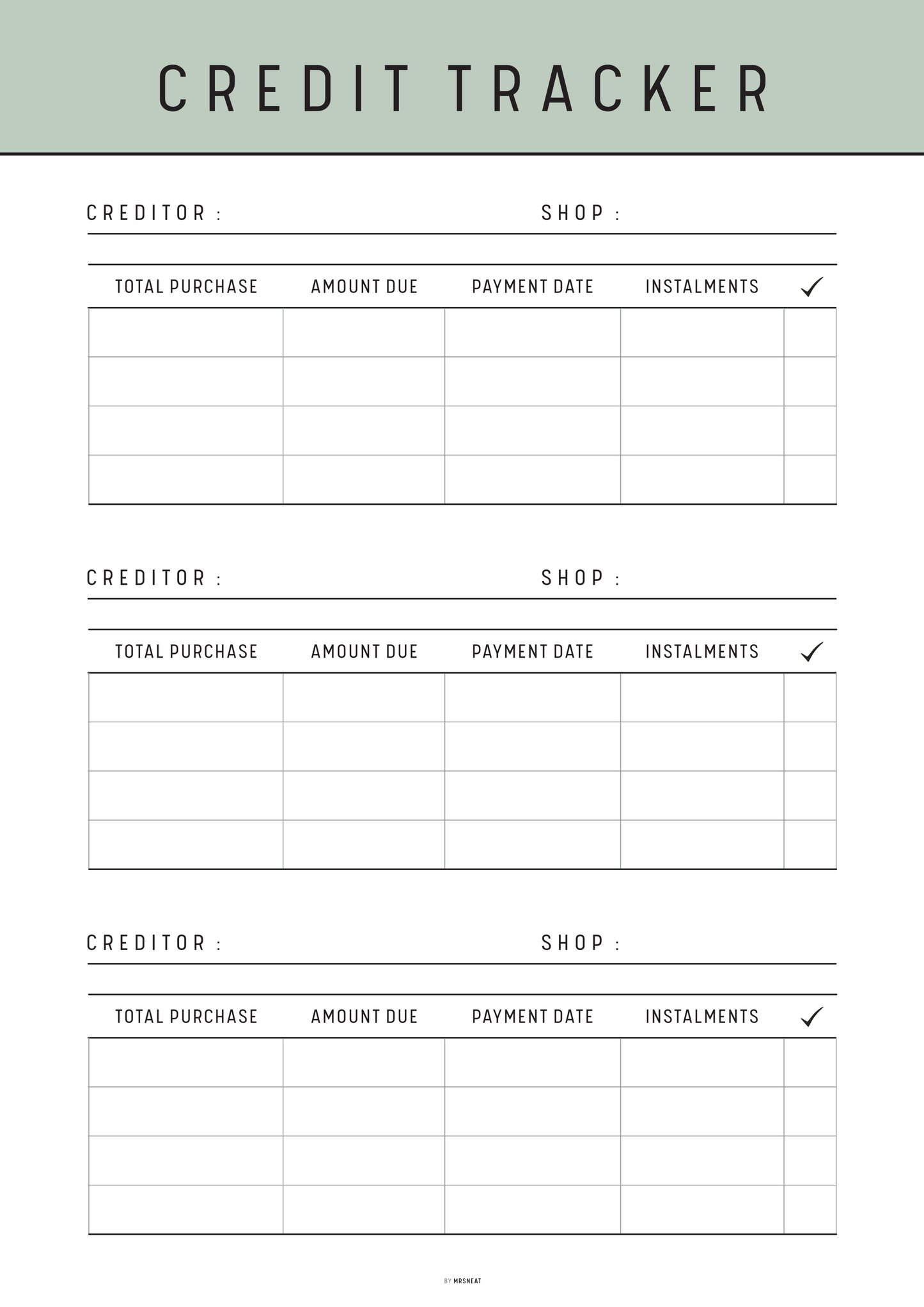Credit tracker form with columns for creditor, shop, total purchase, amount due, payment date, and instalments.