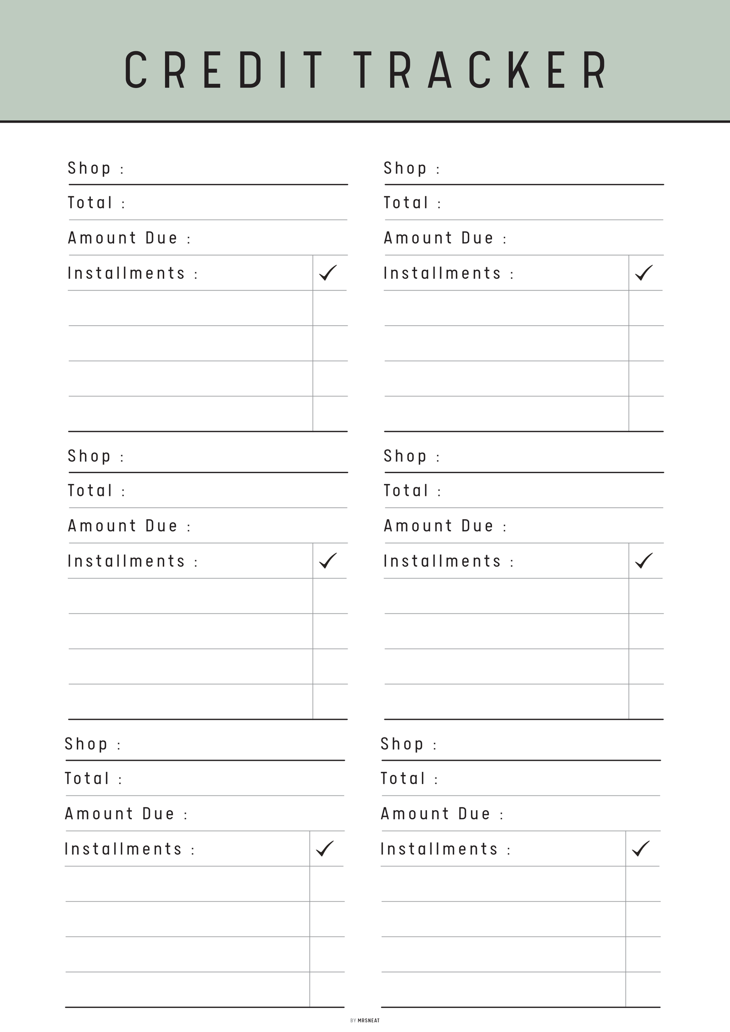 Credit tracker form with columns for shop, total, amount due, and installments.