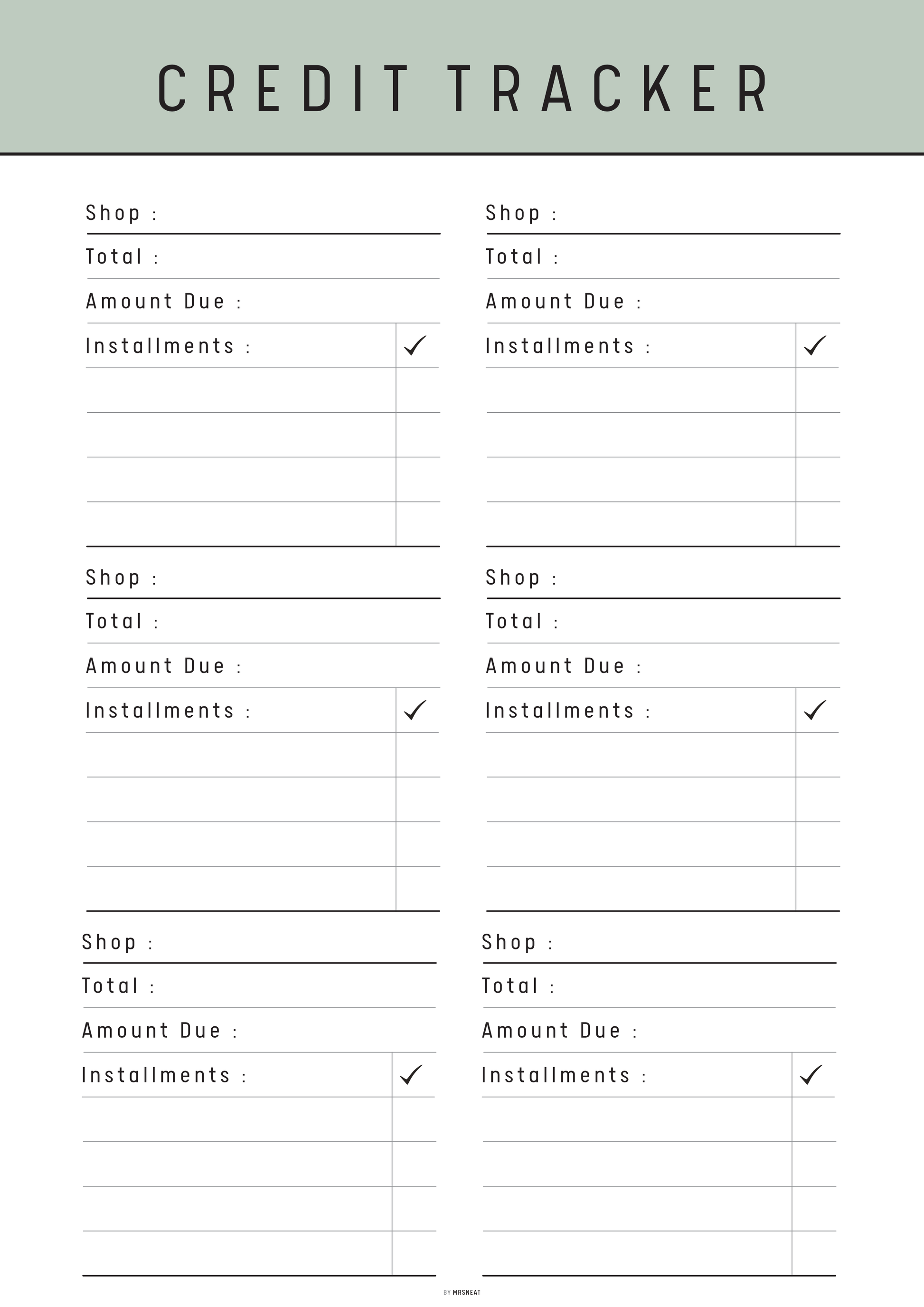Credit tracker form with columns for shop, total, amount due, and installments.