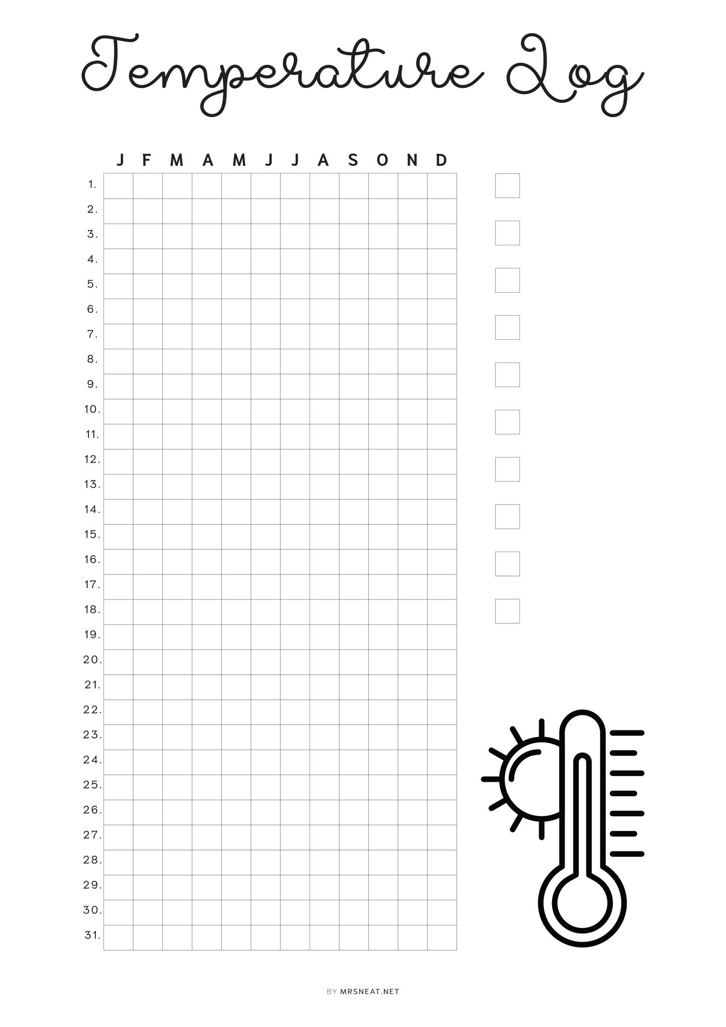 Temperature log sheet with grid for temperature recording and checkboxes for days.