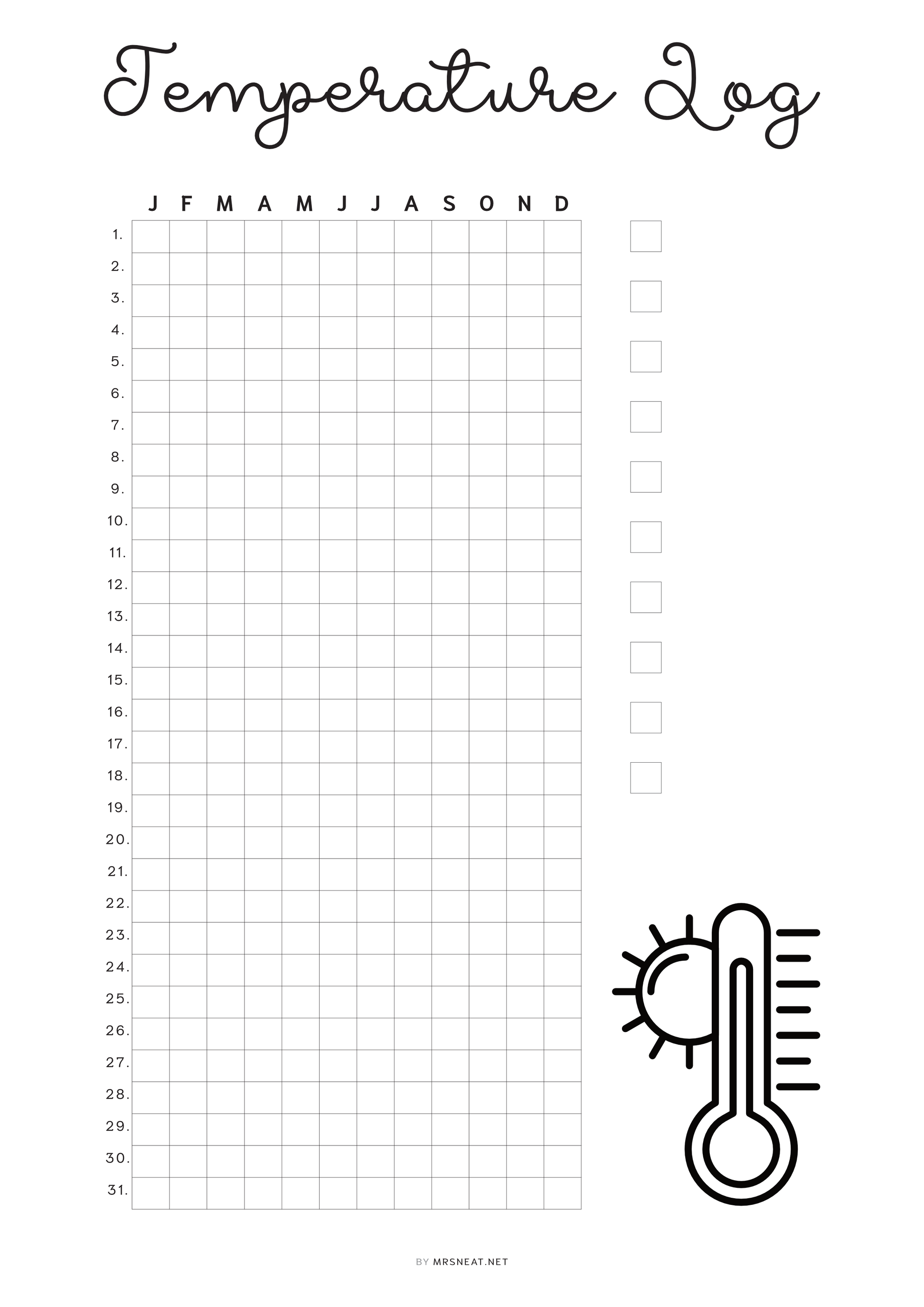 Temperature log sheet with grid for temperature recording and checkboxes for days.