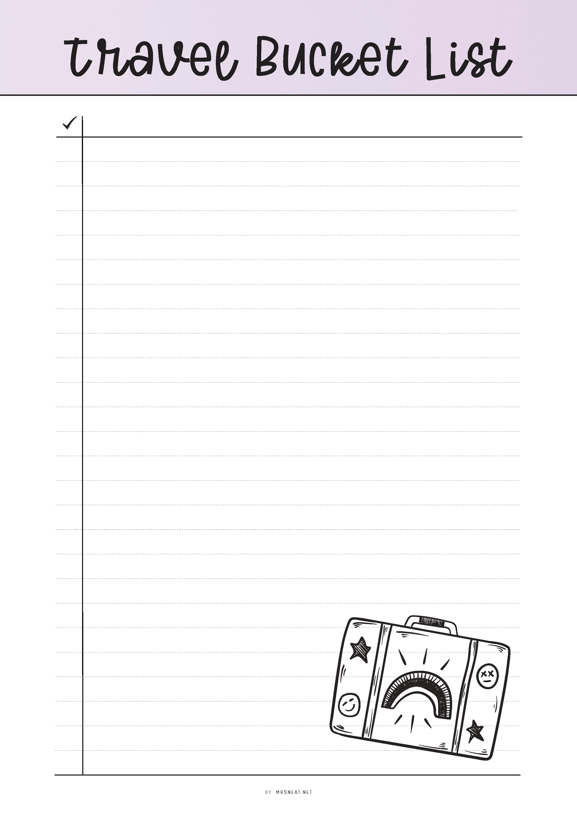 Travel bucket list template with a suitcase illustration on a light purple background