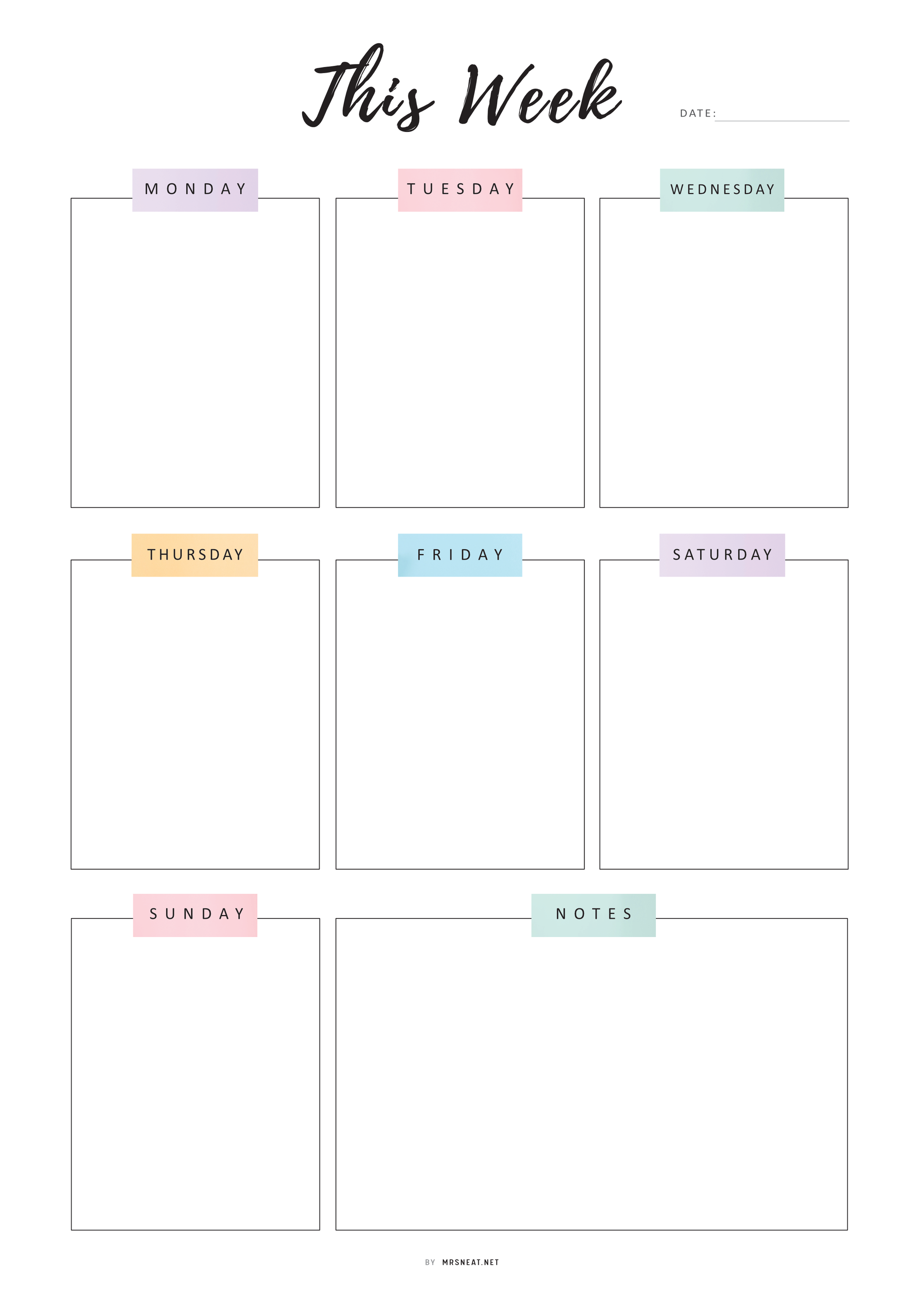 Weekly planner with days of the week and notes section.