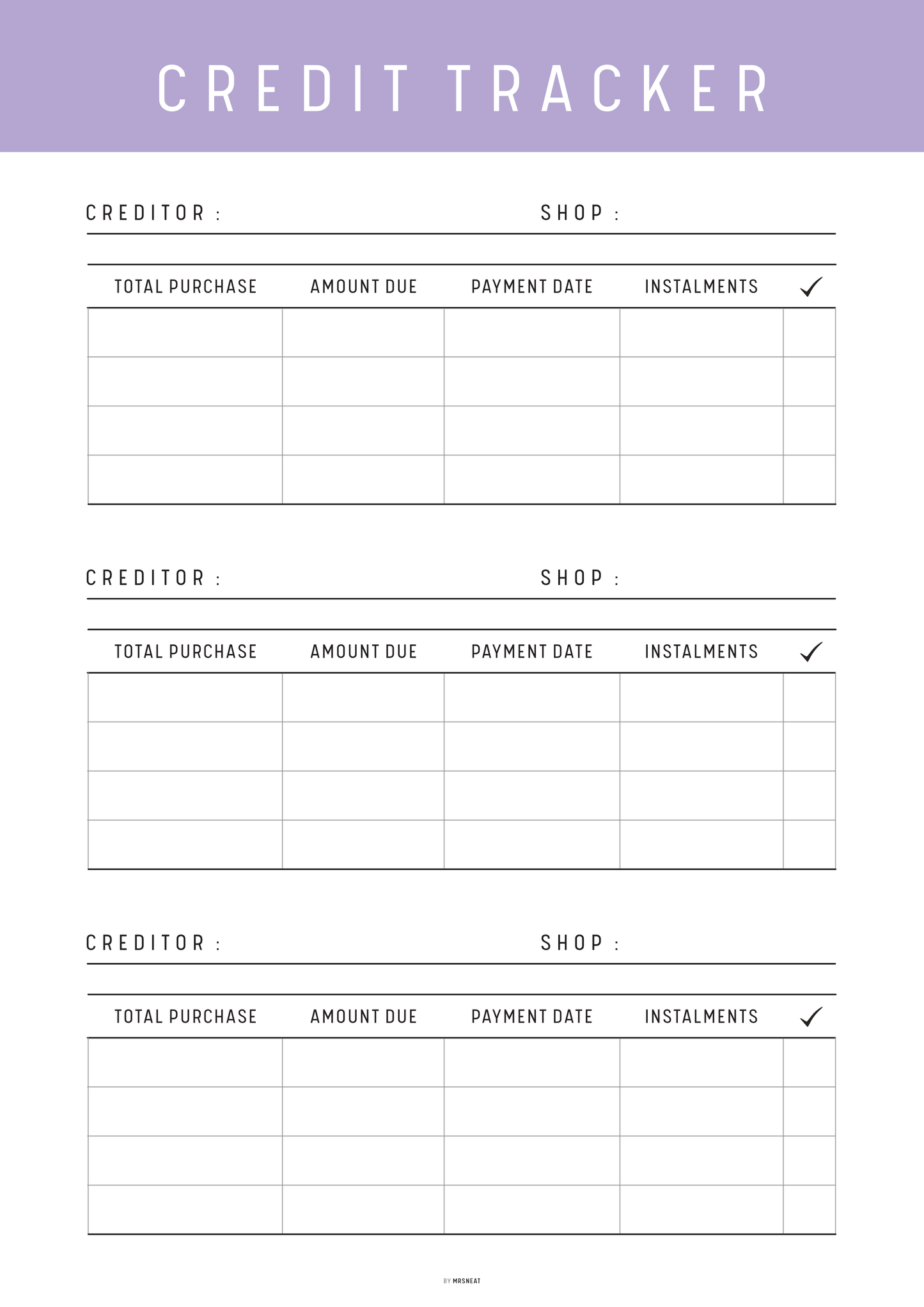 Credit tracker form with columns for creditor, shop, total purchase, amount due, payment date, and instalments on a purple background.