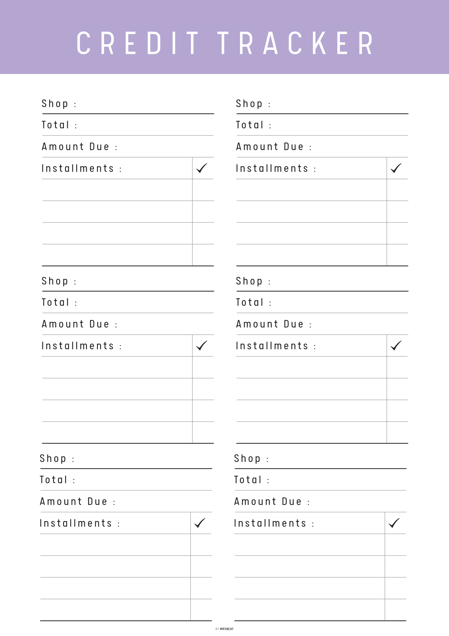 Credit tracker form with columns for shops, totals, amount due, and installments on a white background.