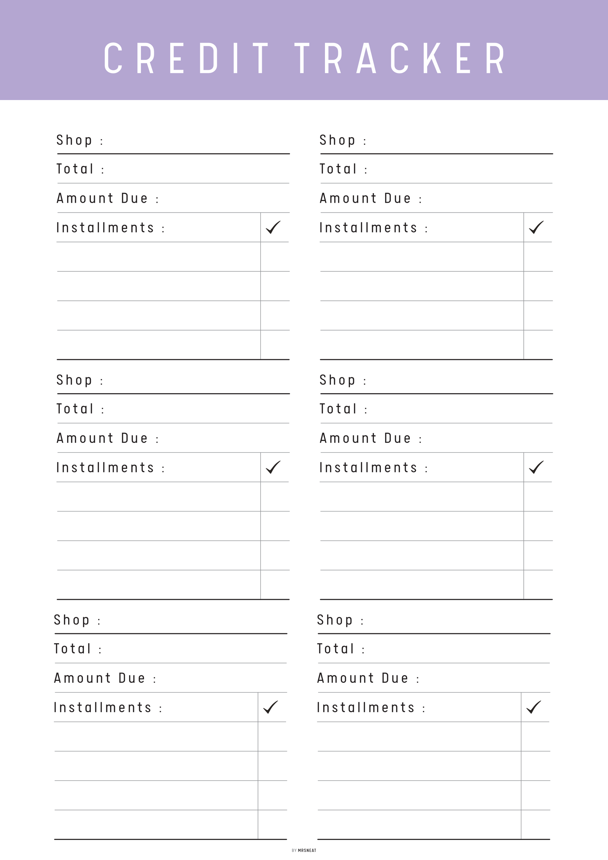 Credit tracker form with columns for shops, totals, amount due, and installments on a white background.