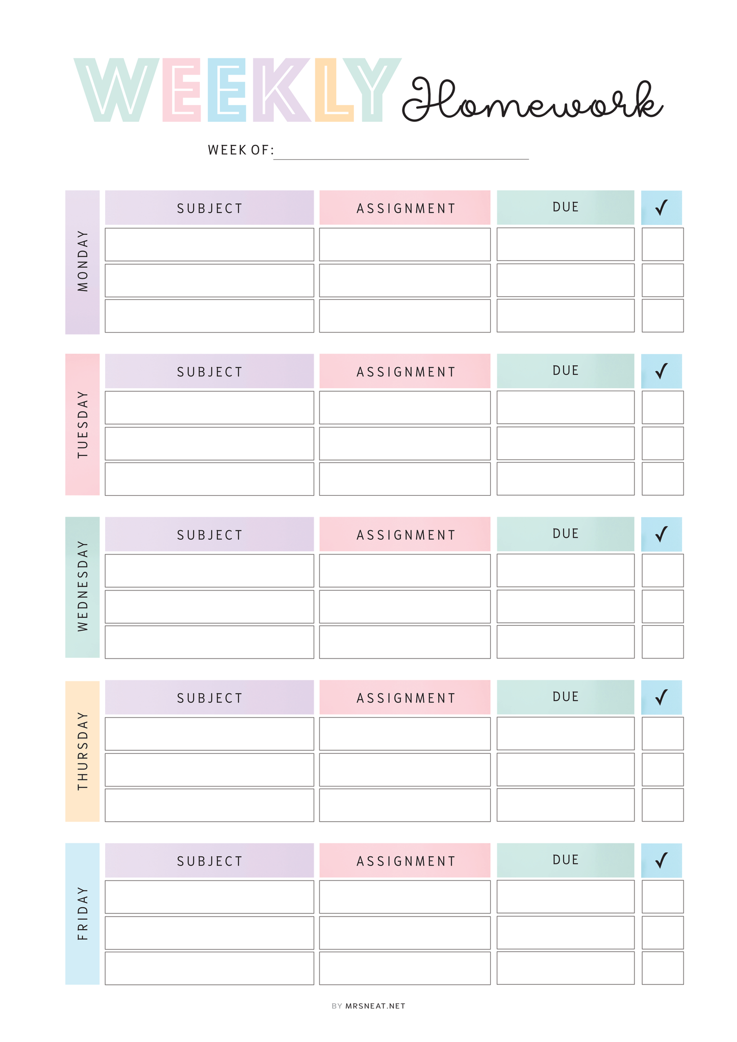 Weekly homework planner with colorful columns for subjects, assignments, and due dates.