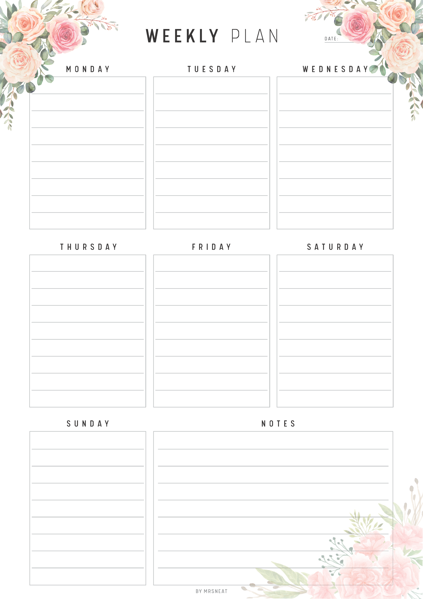 Weekly planner with floral designs on a white background