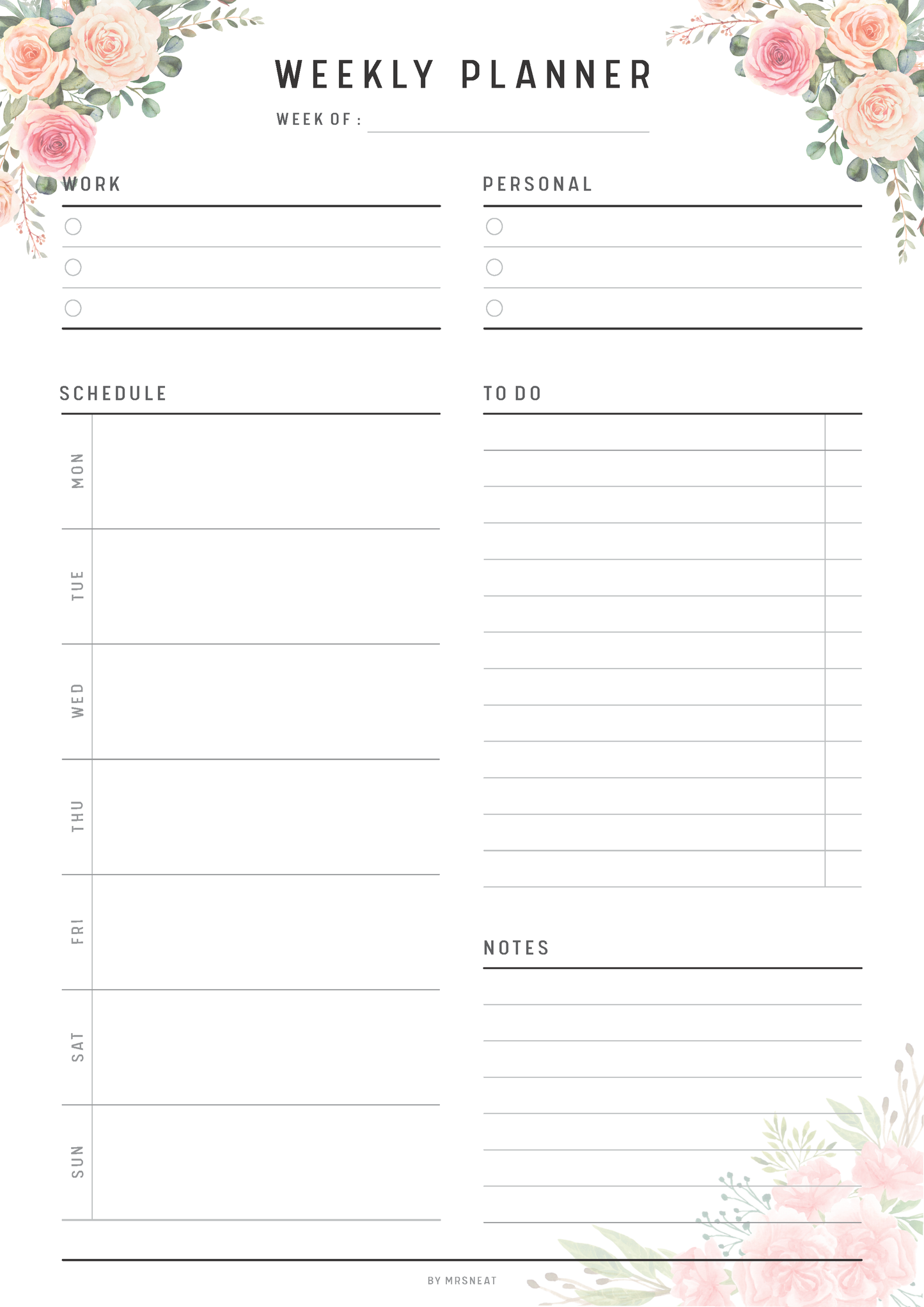 Weekly planner with floral designs on a white background