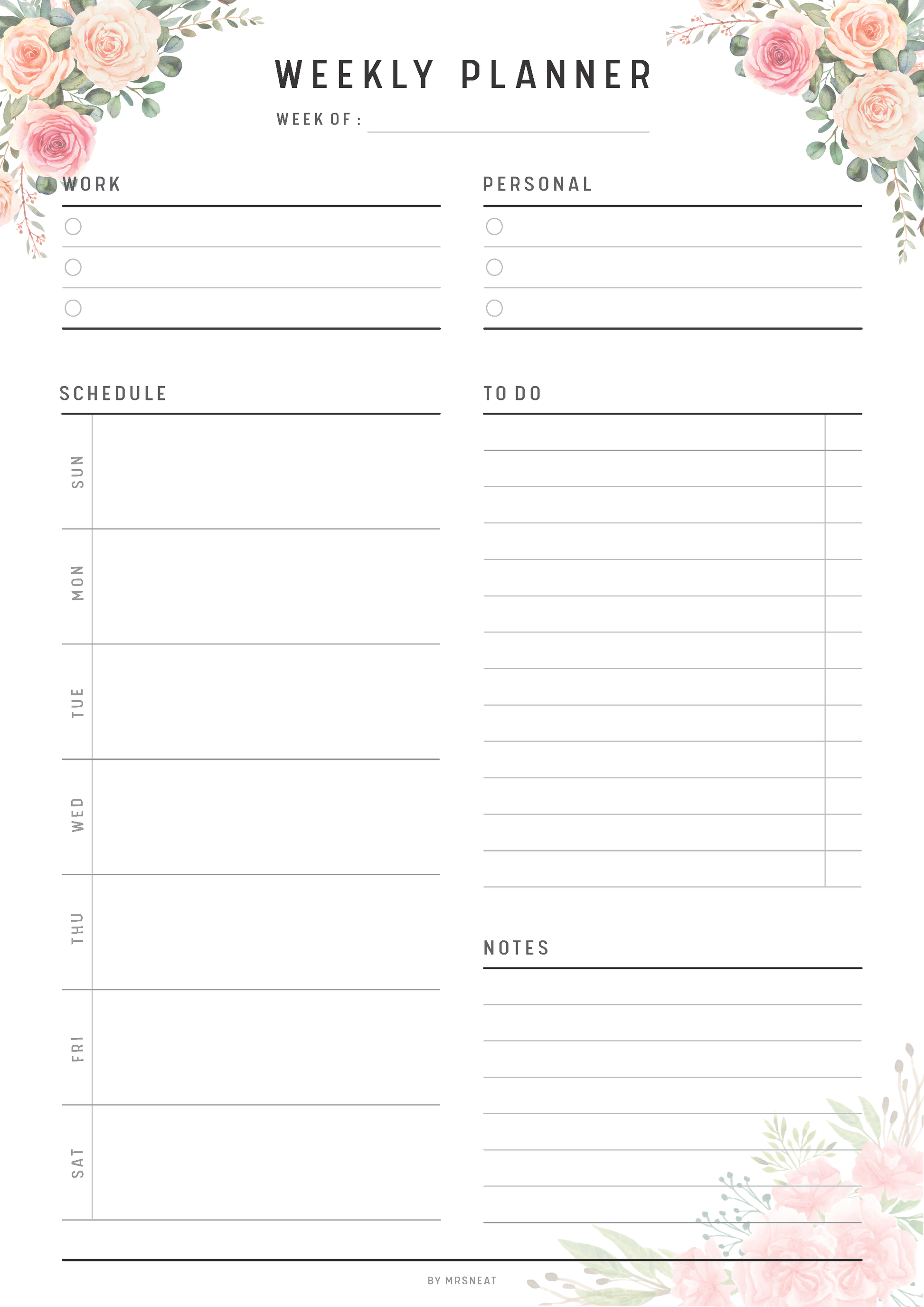 Weekly planner with floral designs on a white background