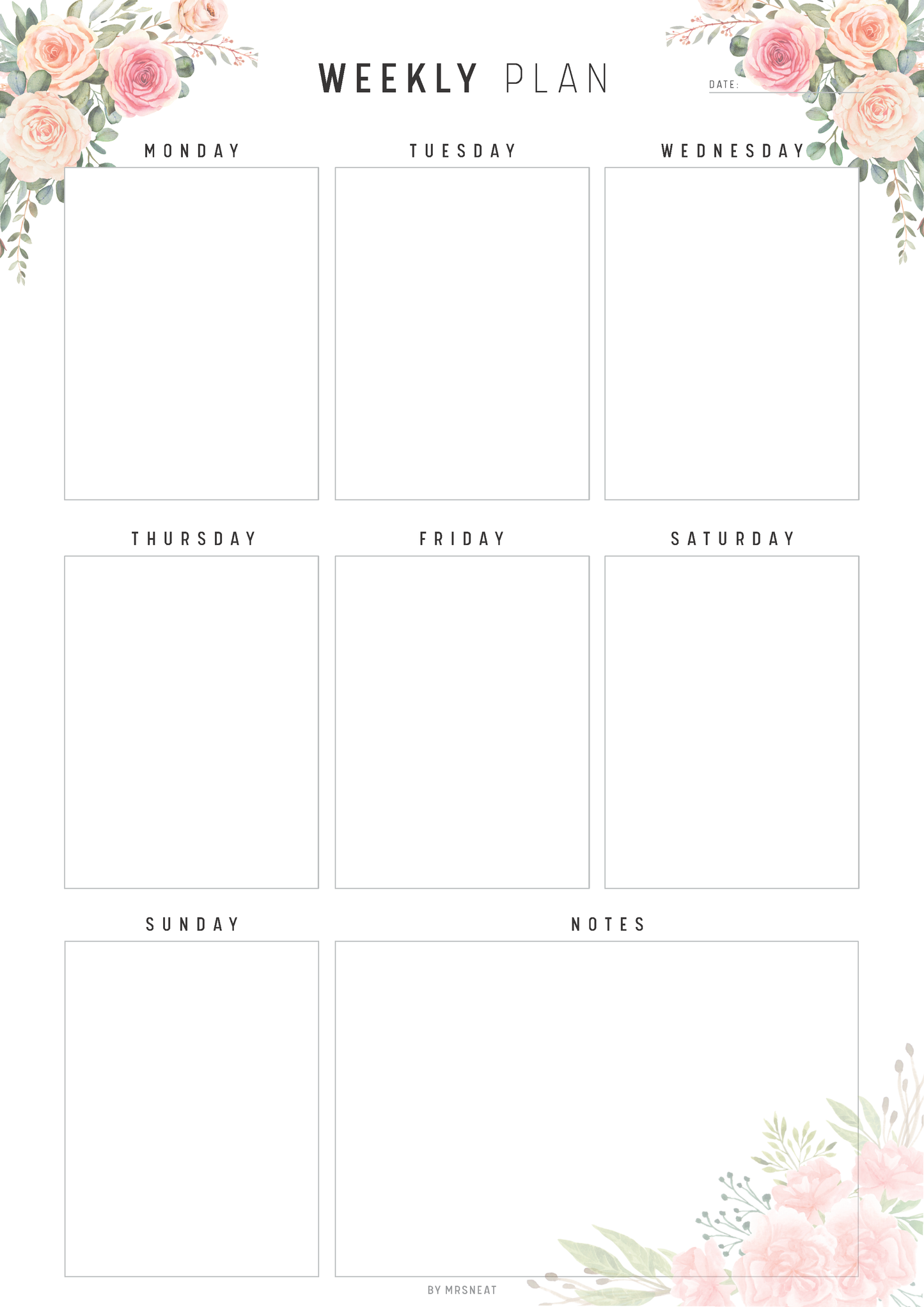 Weekly plan template with floral designs on a white background