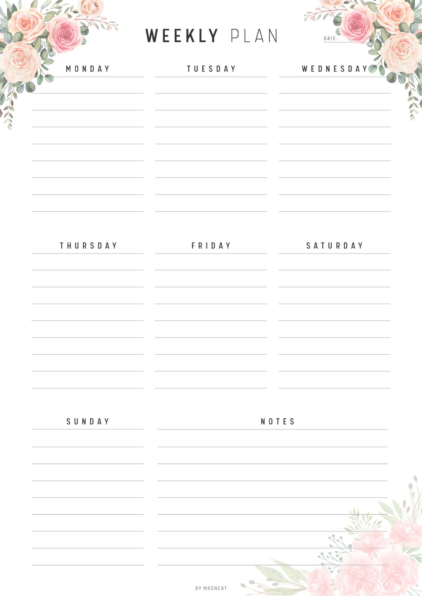 Weekly plan template with floral designs at the top and bottom on a white background
