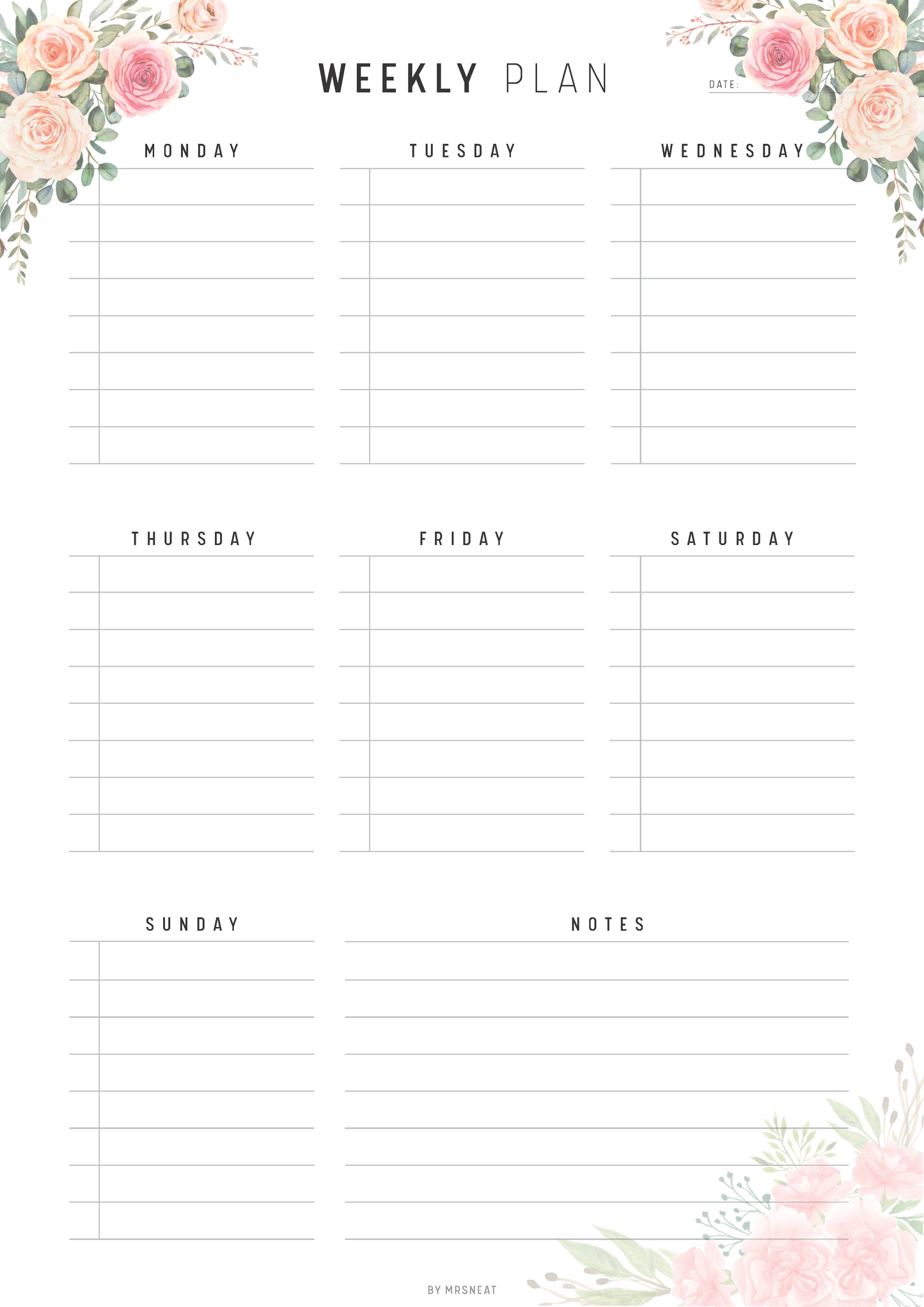 Floral Fillable Weekly Planner Printable, Weekly Schedule, Weekly Agenda, Undated Weekly Planner Pages, 5 Versions, A4, A5, Letter, Half Letter