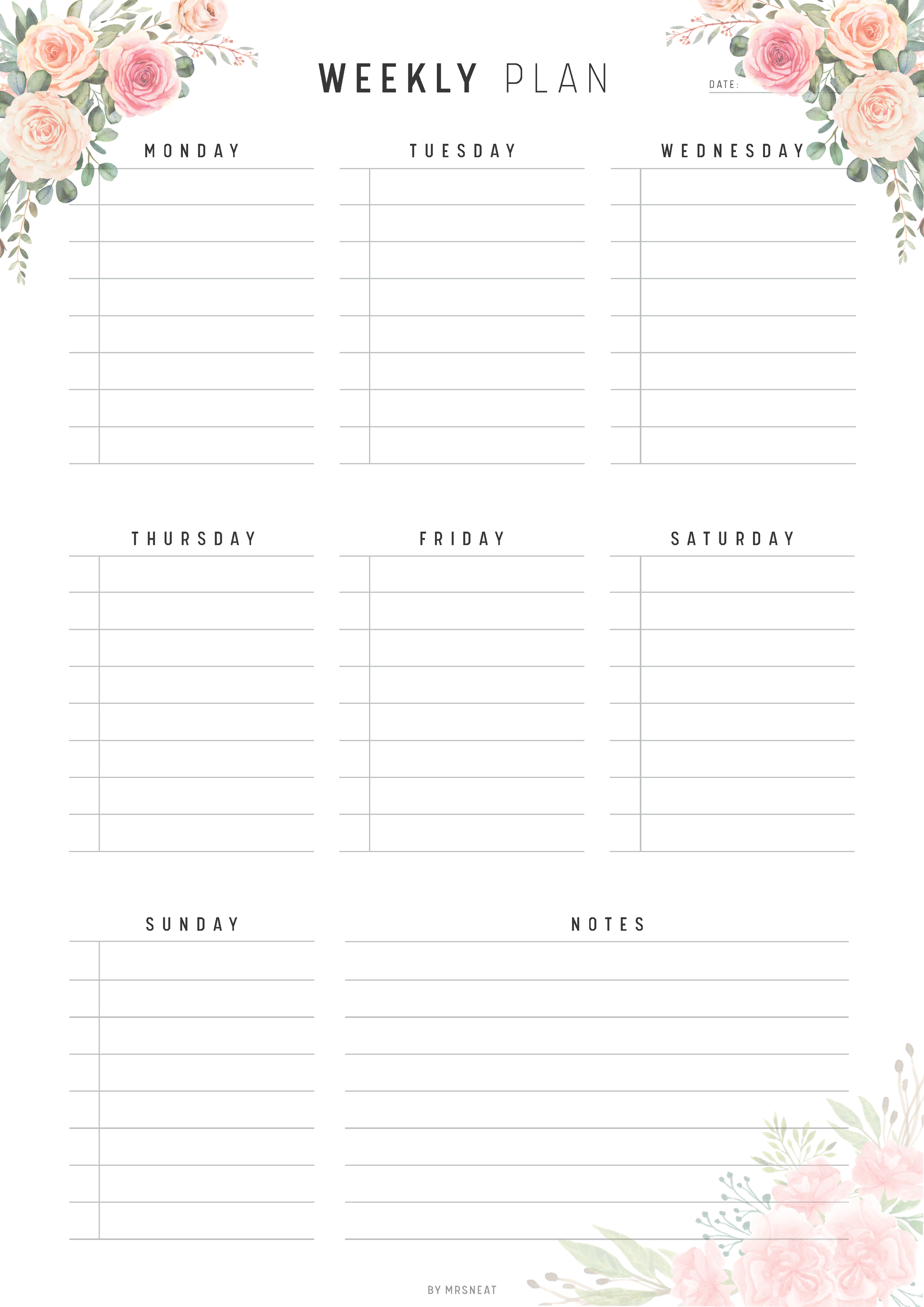 Floral Fillable Weekly Planner Printable, Weekly Schedule, Weekly Agenda, Undated Weekly Planner Pages, 5 Versions, A4, A5, Letter, Half Letter