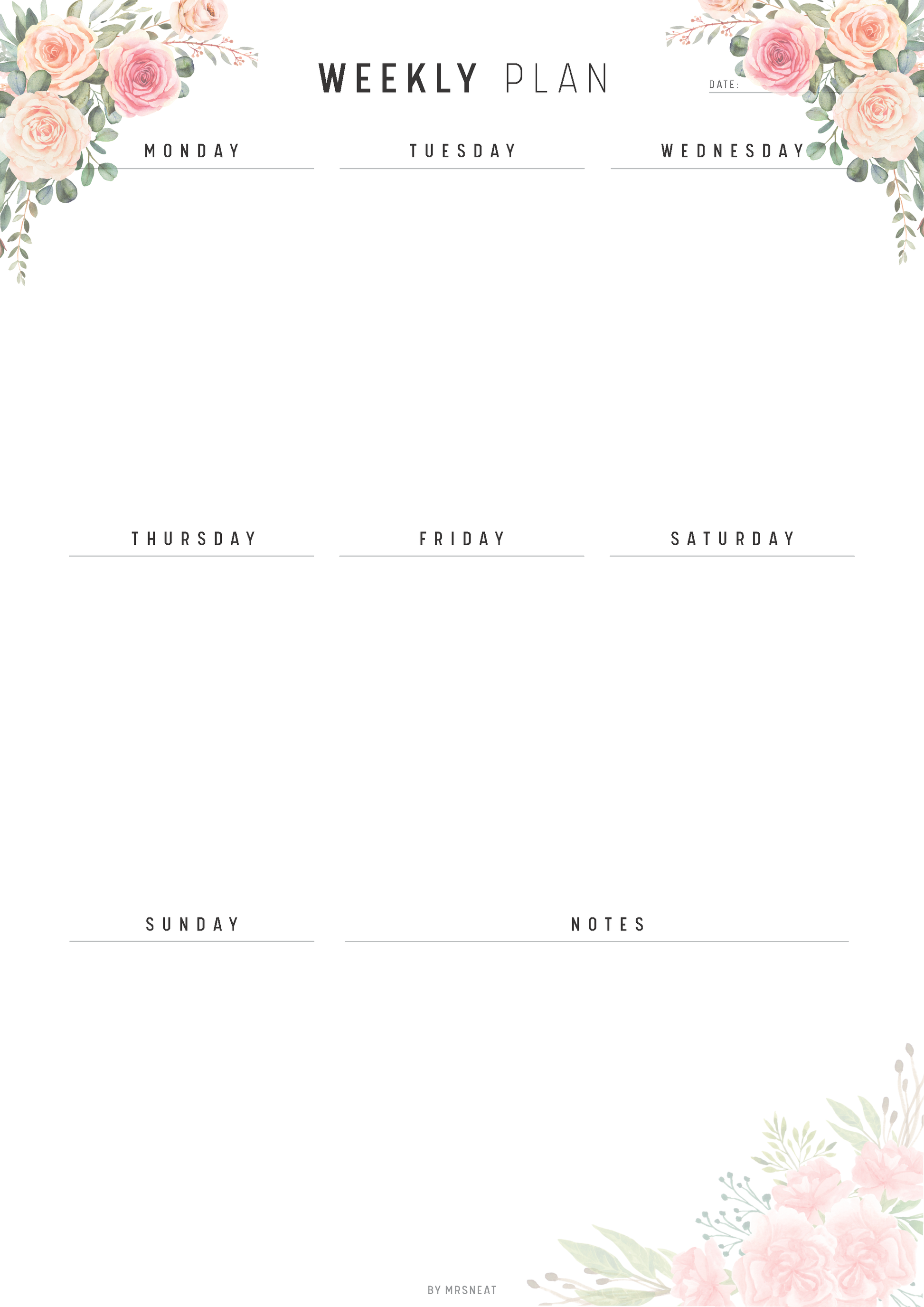 Weekly plan template with floral designs on a white background