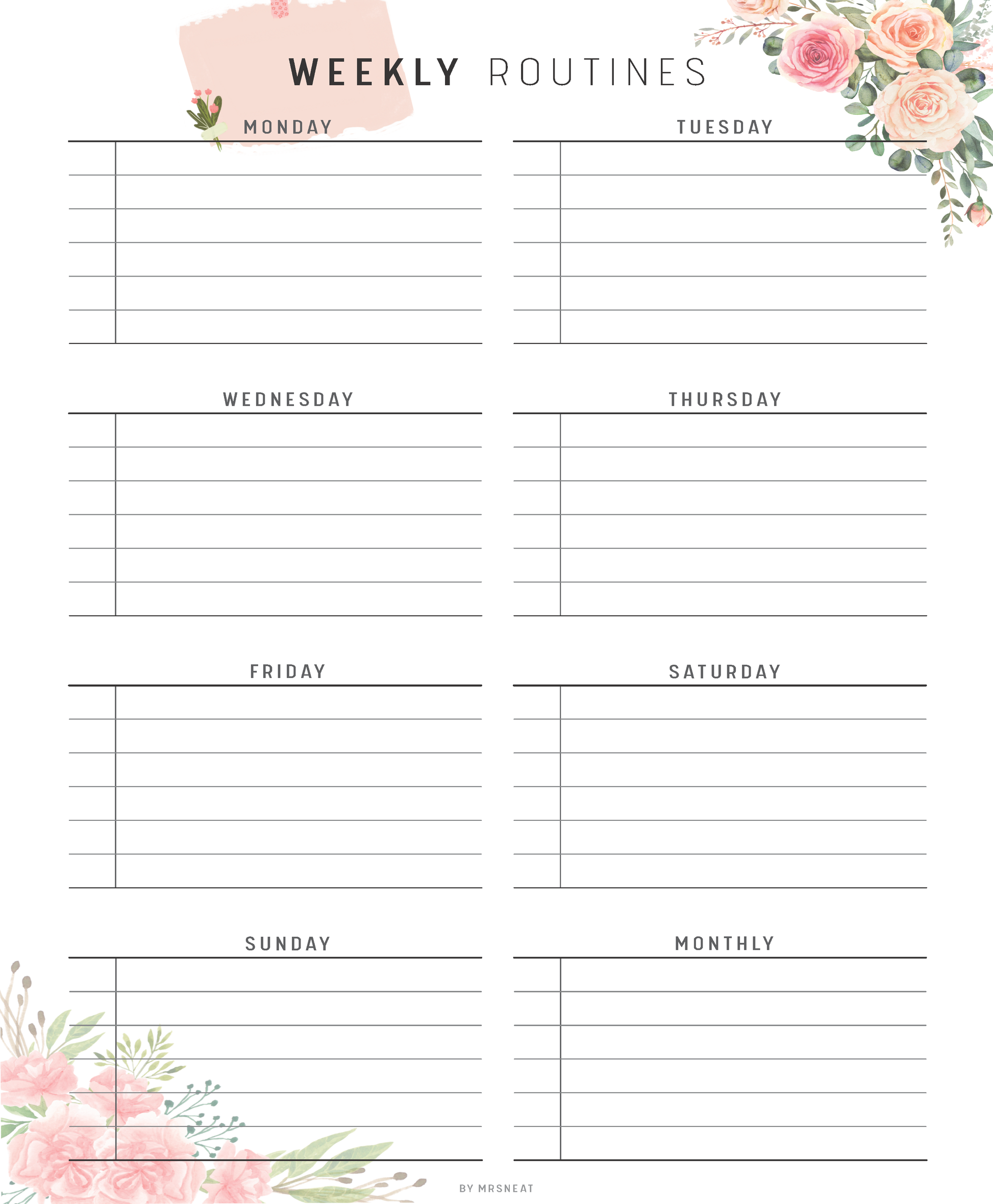 Weekly routines planner with floral designs on a white background