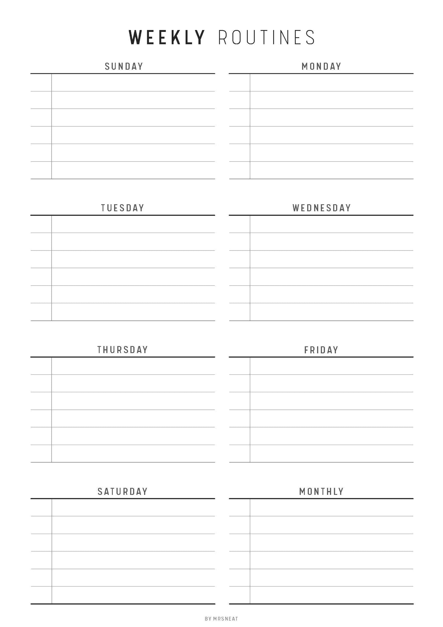 Weekly routine planner with days of the week labeled