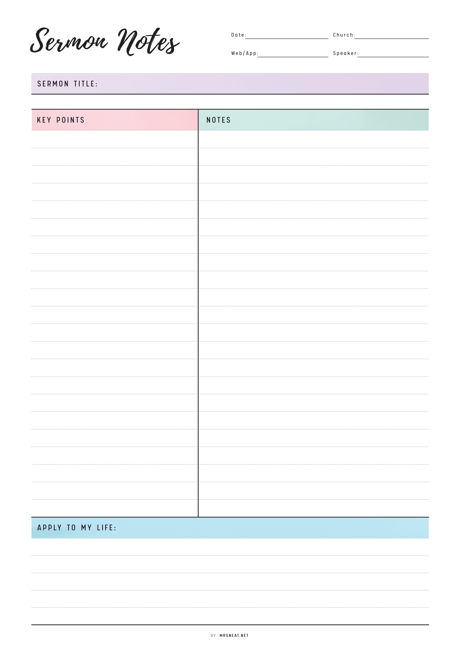 Sermon Notes form with sections for sermon title, key points, notes, and an application section on a white background.