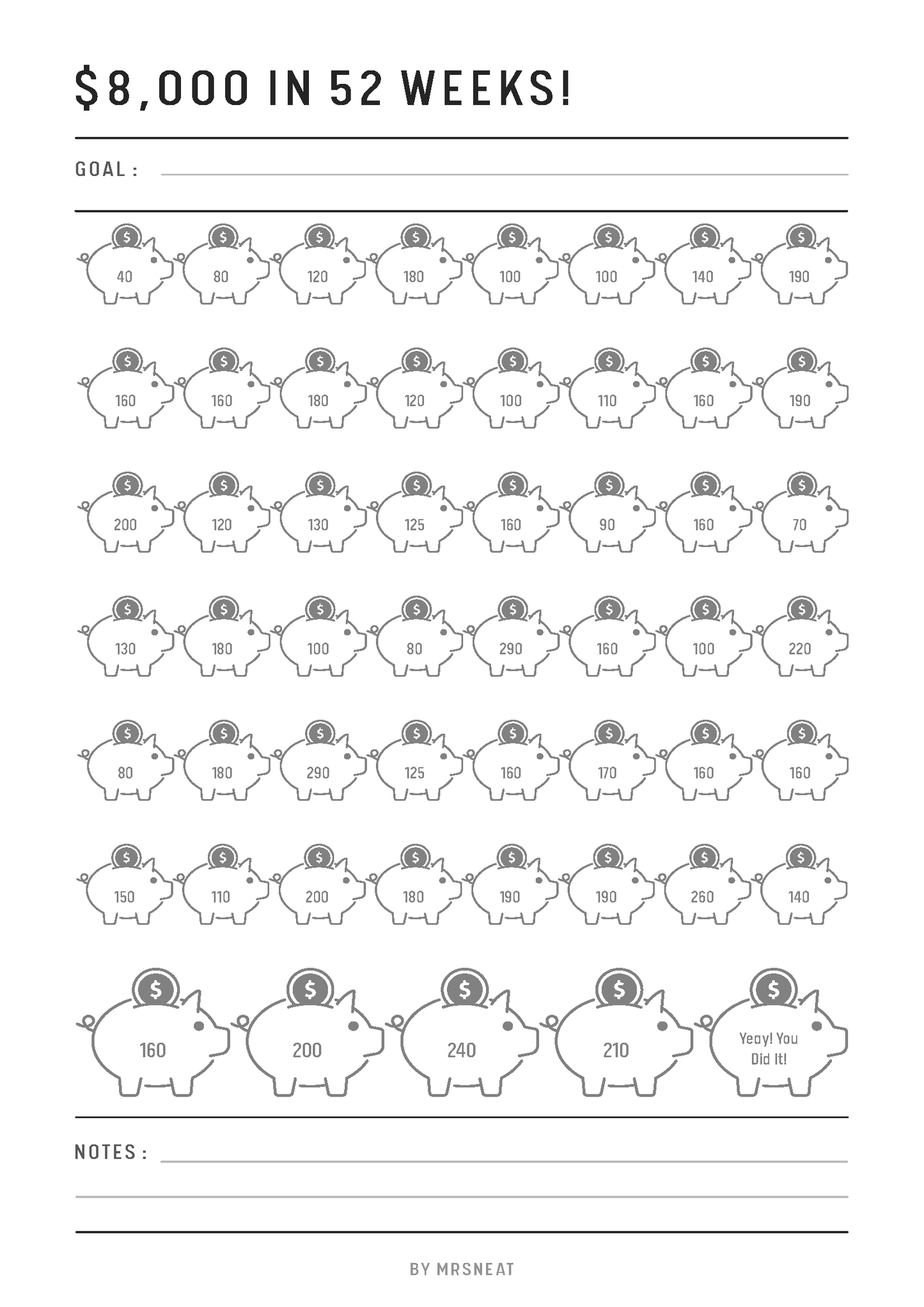 Sheet with piggy bank illustrations and space to write amounts, totaling $8,000 in 52 weeks.