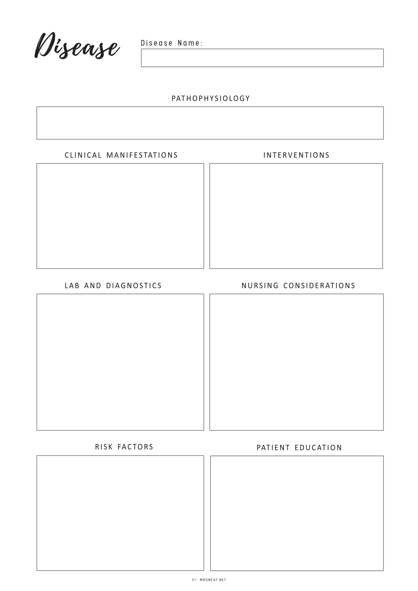 Disease Study Printable, Disease Process Template, Nursing Student Notes, PDF, 2 Colors, A4, A5, Letter, Half Letter, Fillable versions