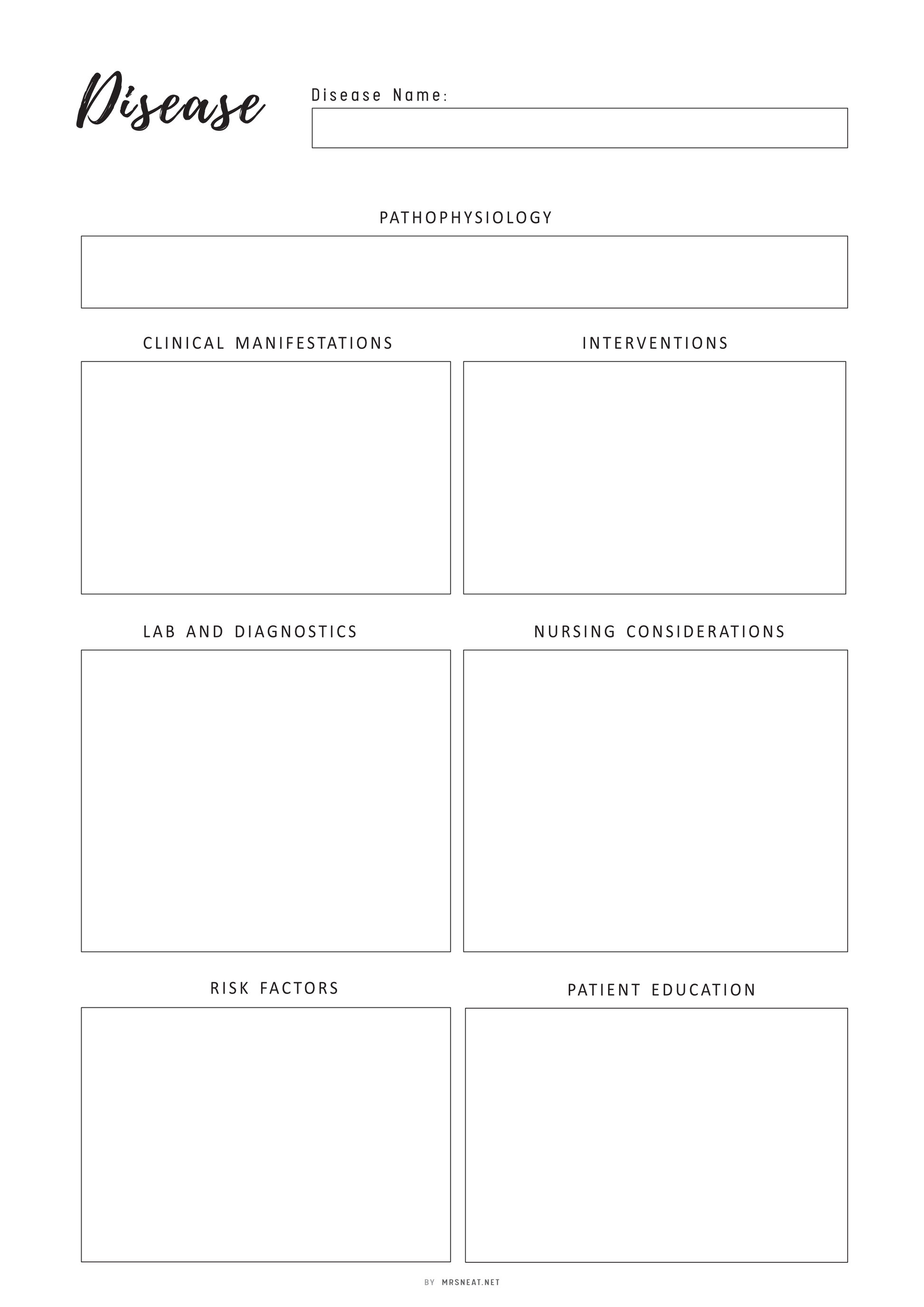 Disease Study Printable, Disease Process Template, Nursing Student Notes, PDF, 2 Colors, A4, A5, Letter, Half Letter, Fillable versions