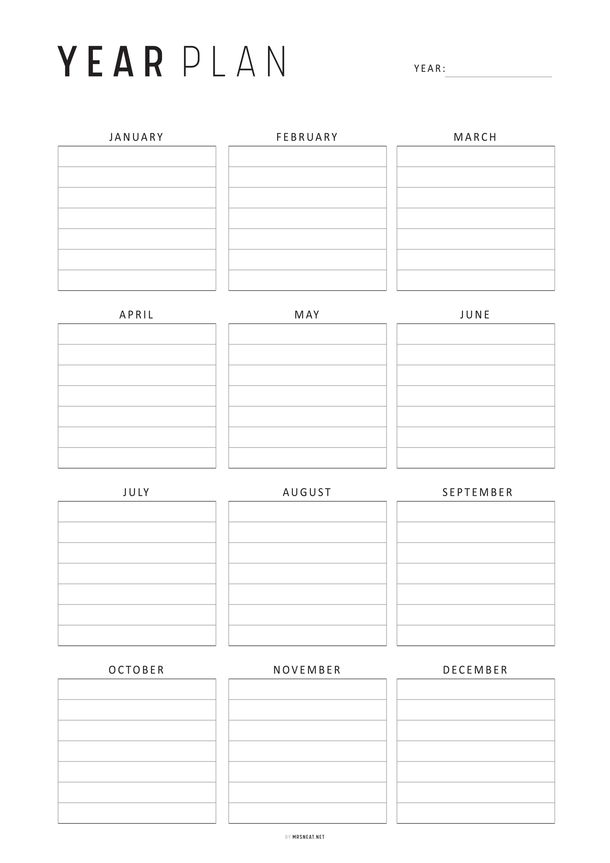 Yearly planner with months listed from January to December on a white background