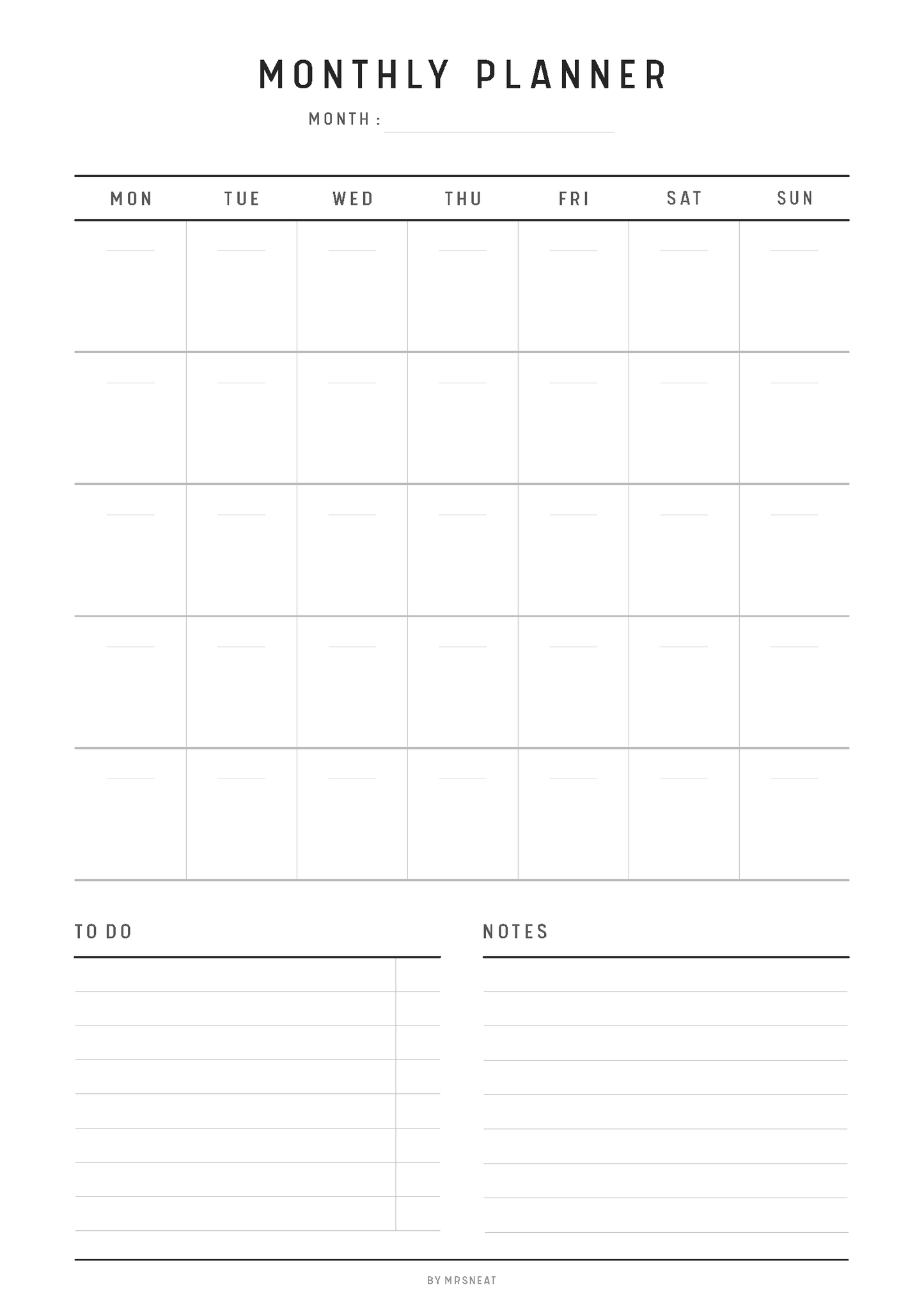 Monthly planner with days of the week and to-do and notes sections.