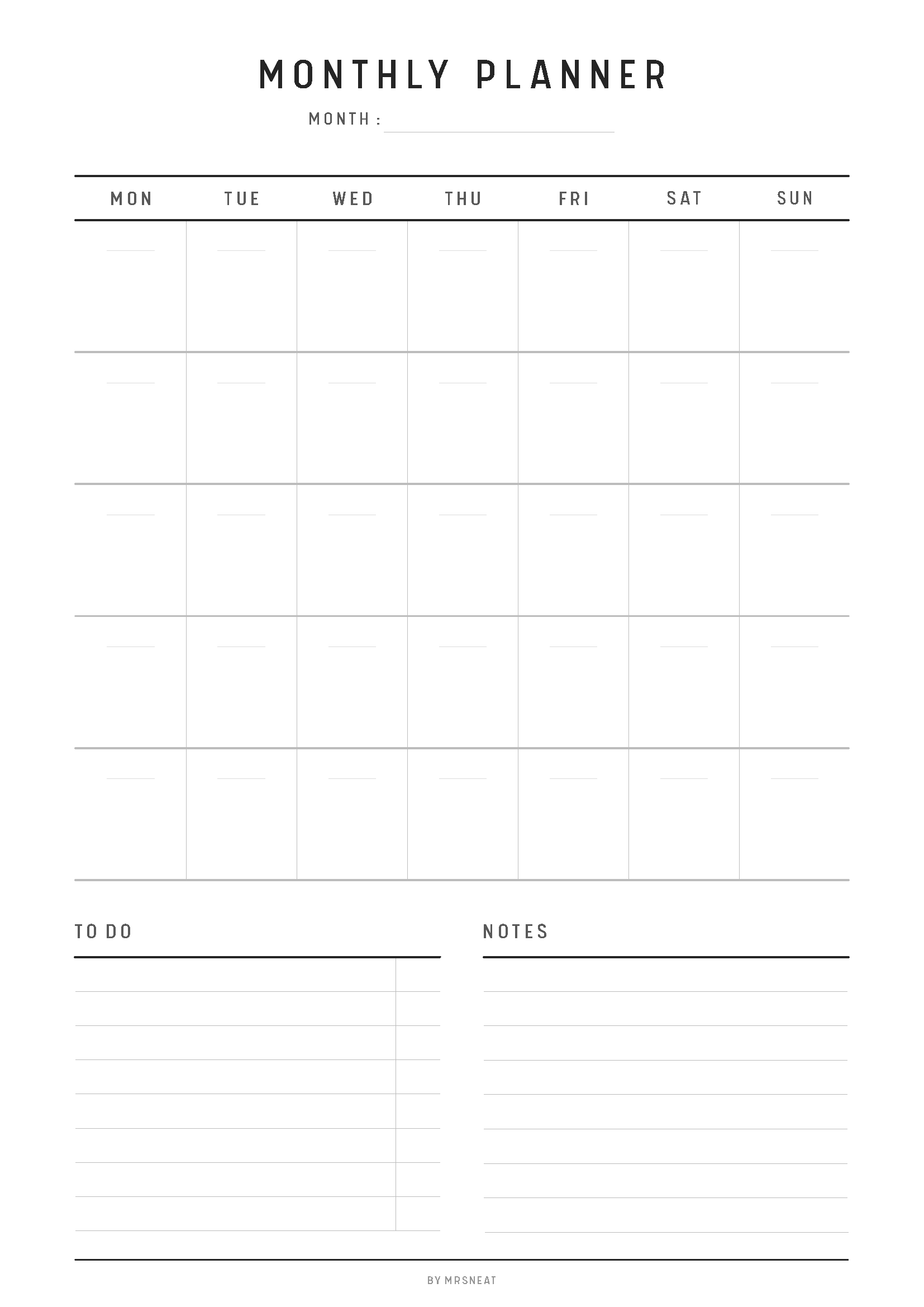 Monthly planner with days of the week and to-do and notes sections.