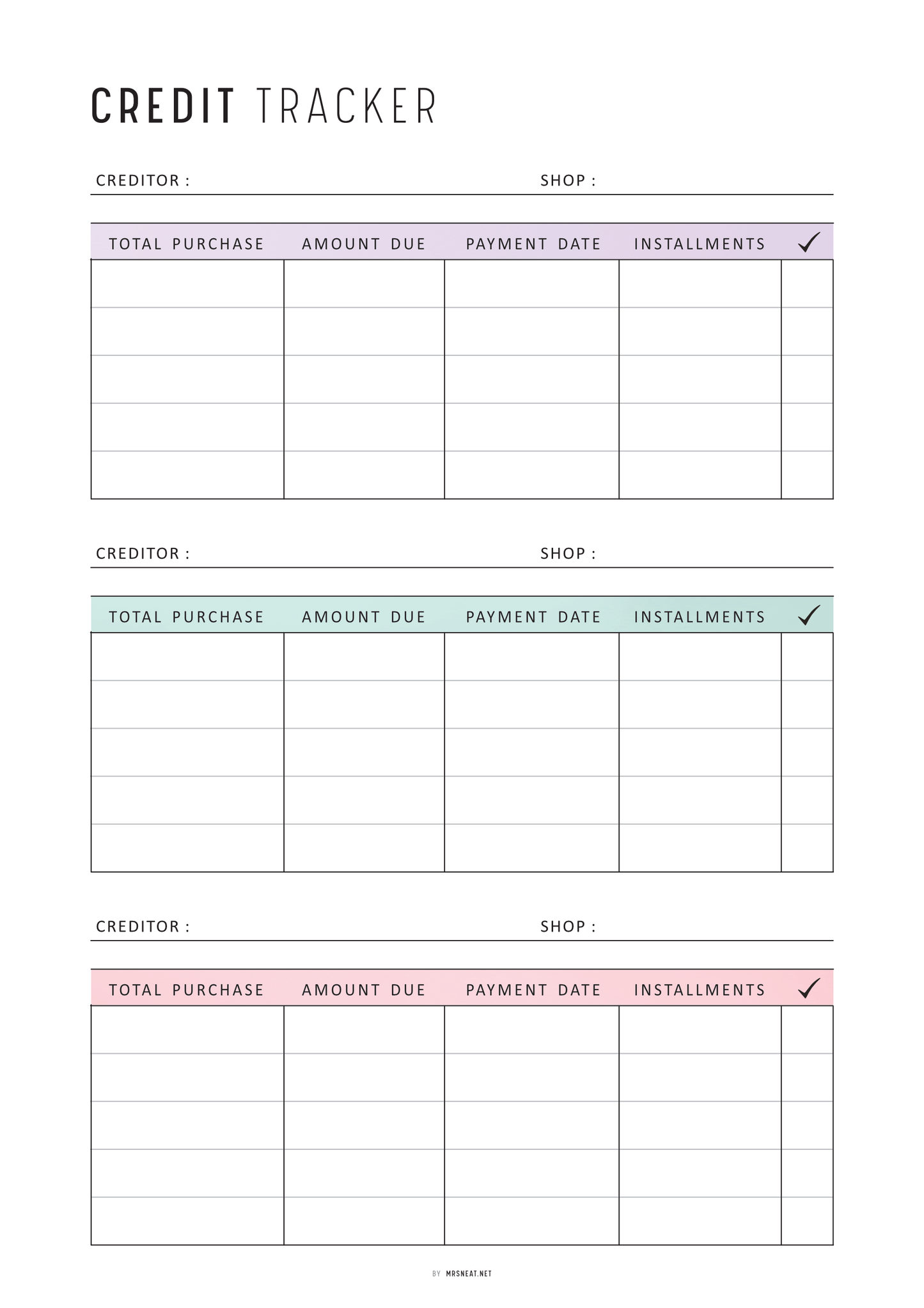 Credit tracker sheet with columns for creditor, shop, total purchase, amount due, payment date, and installments.