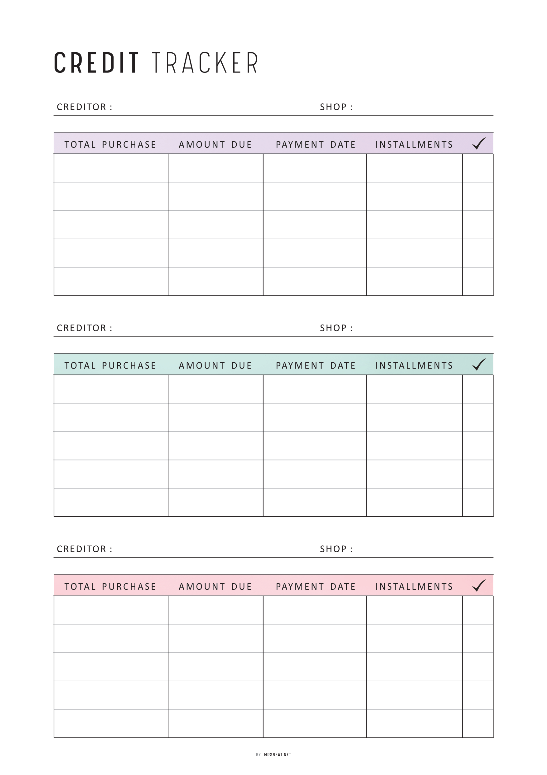 Credit tracker sheet with columns for creditor, shop, total purchase, amount due, payment date, and installments.