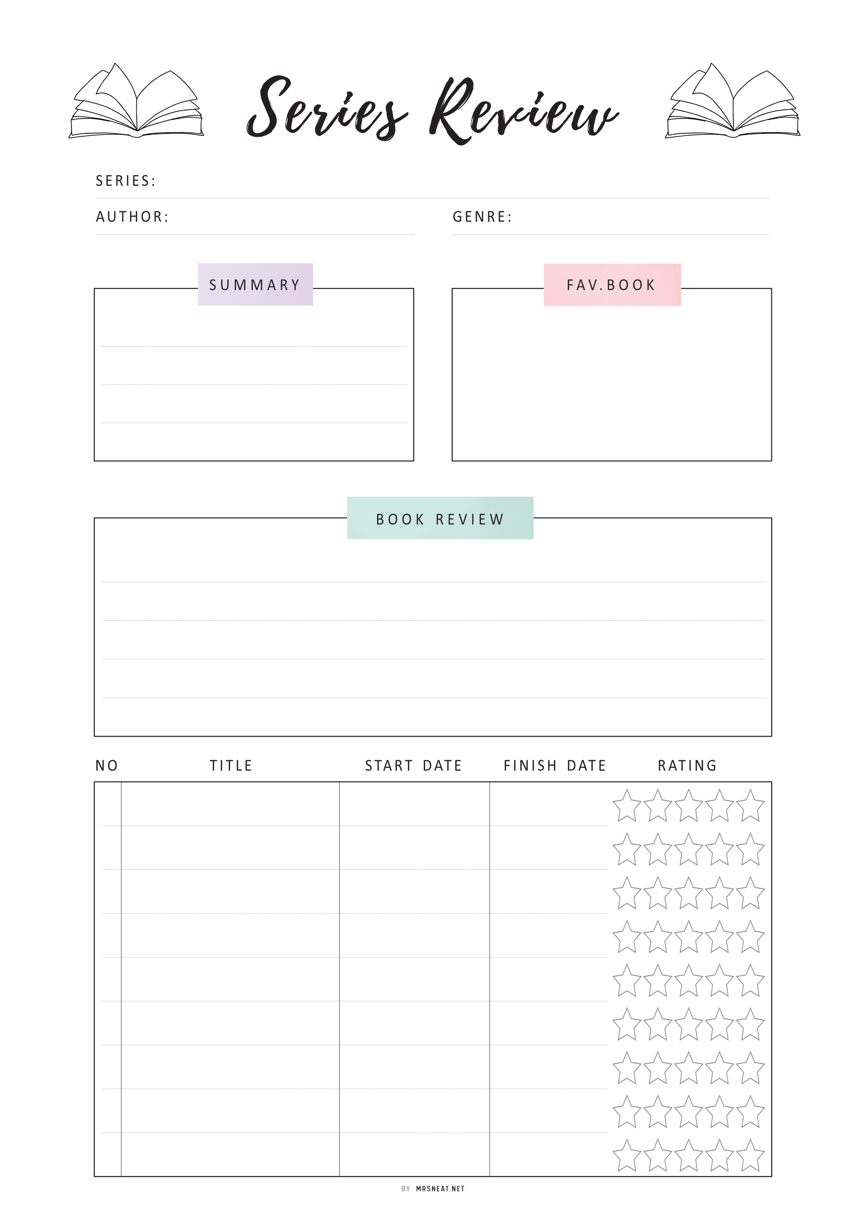 Book review form with fields for series, author, genre, summary, favorite book, and book review details.