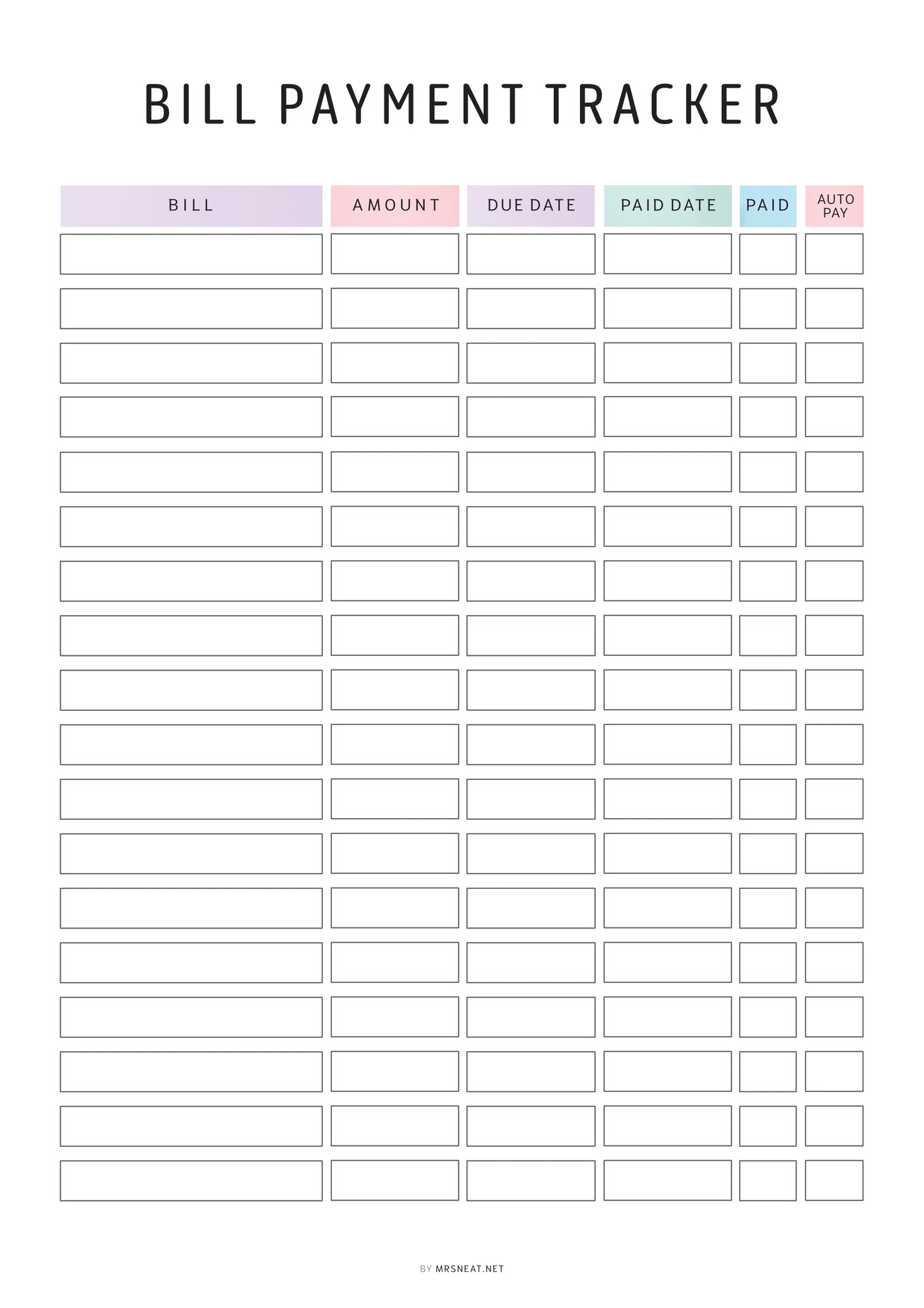 Bill payment tracker with columns for bill name, amount, due date, paid date, and auto pay.