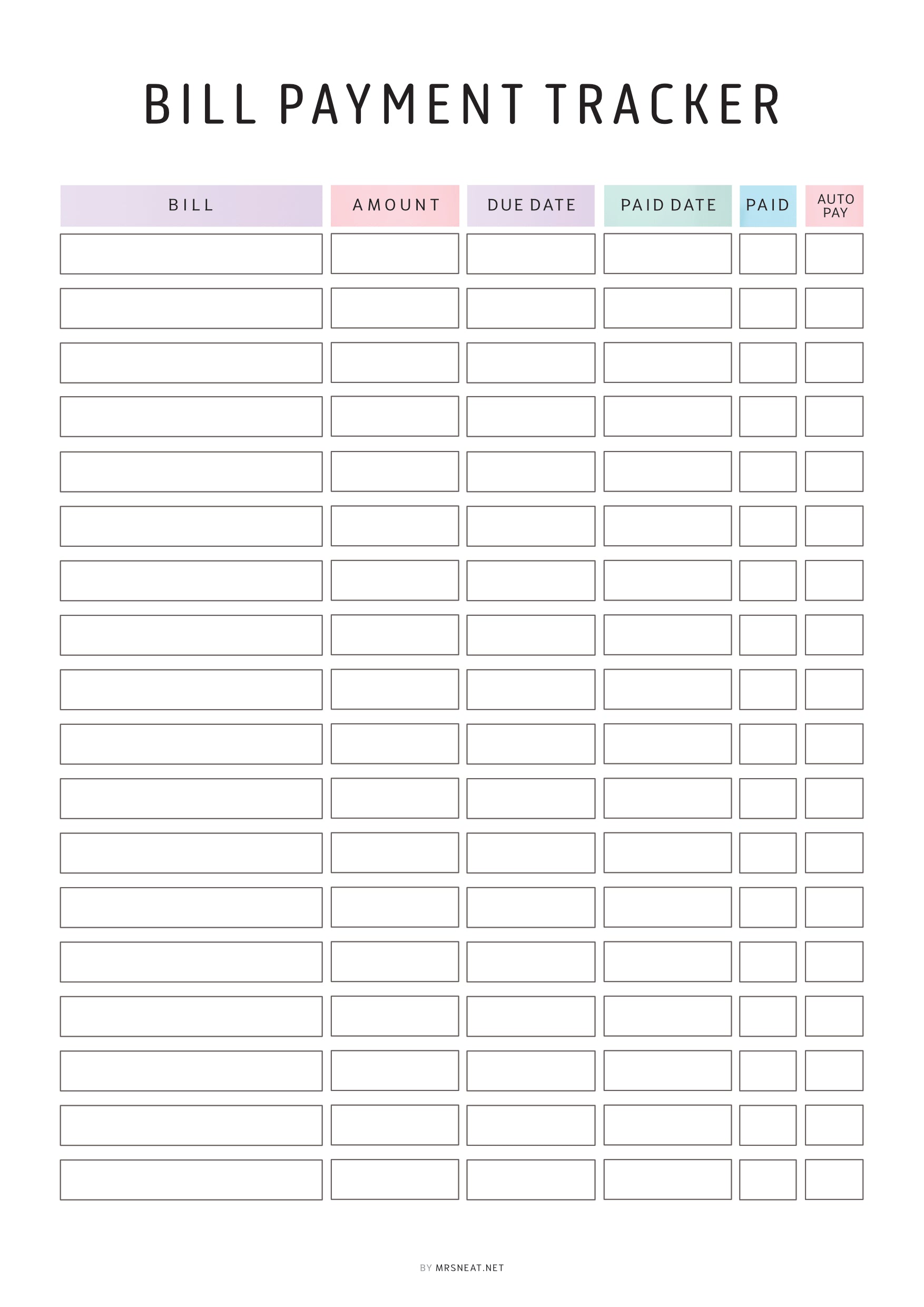 Bill payment tracker with columns for bill name, amount, due date, paid date, and auto pay.