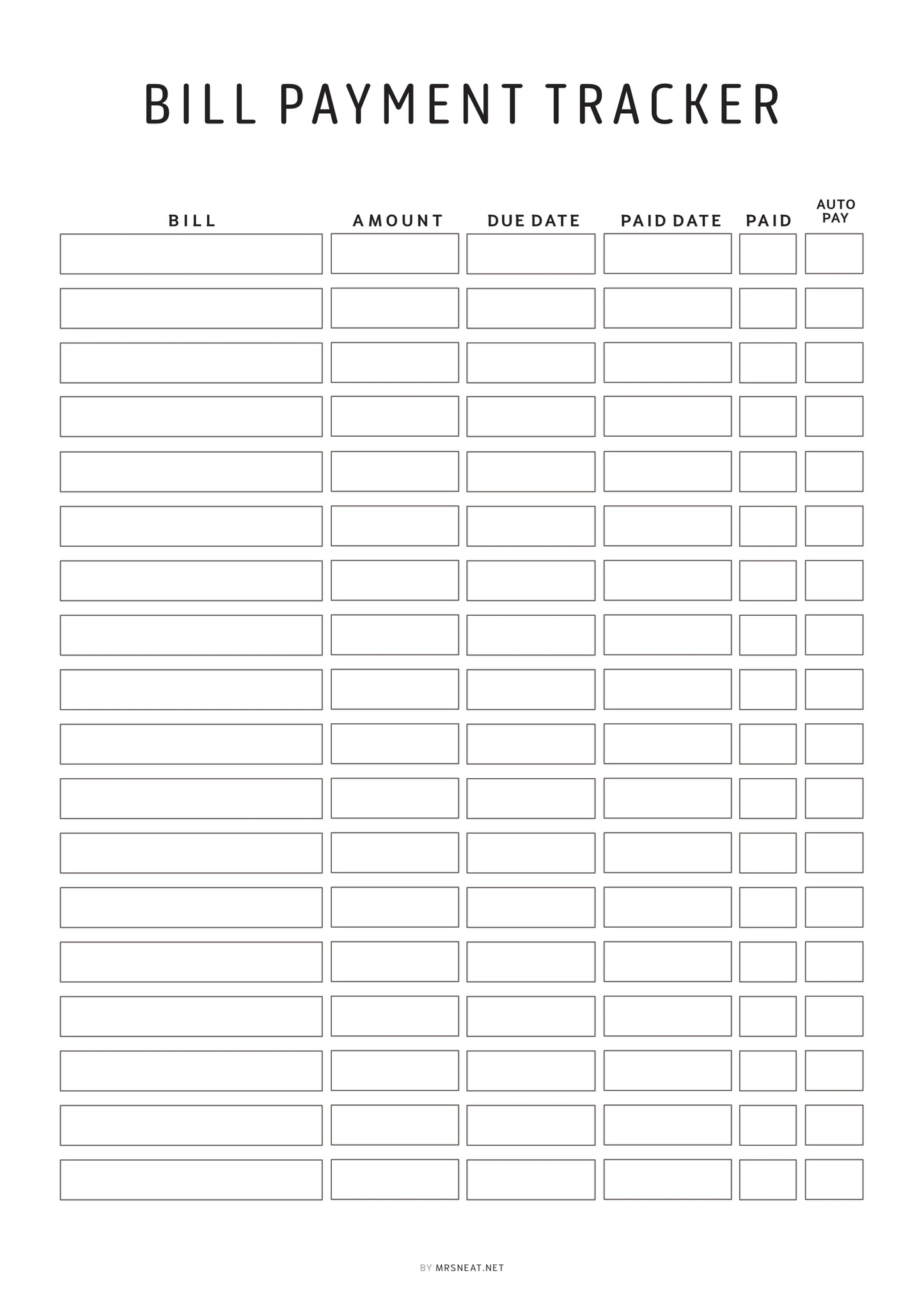 Bill payment tracker with columns for bill name, amount, due date, paid date, and auto pay status.