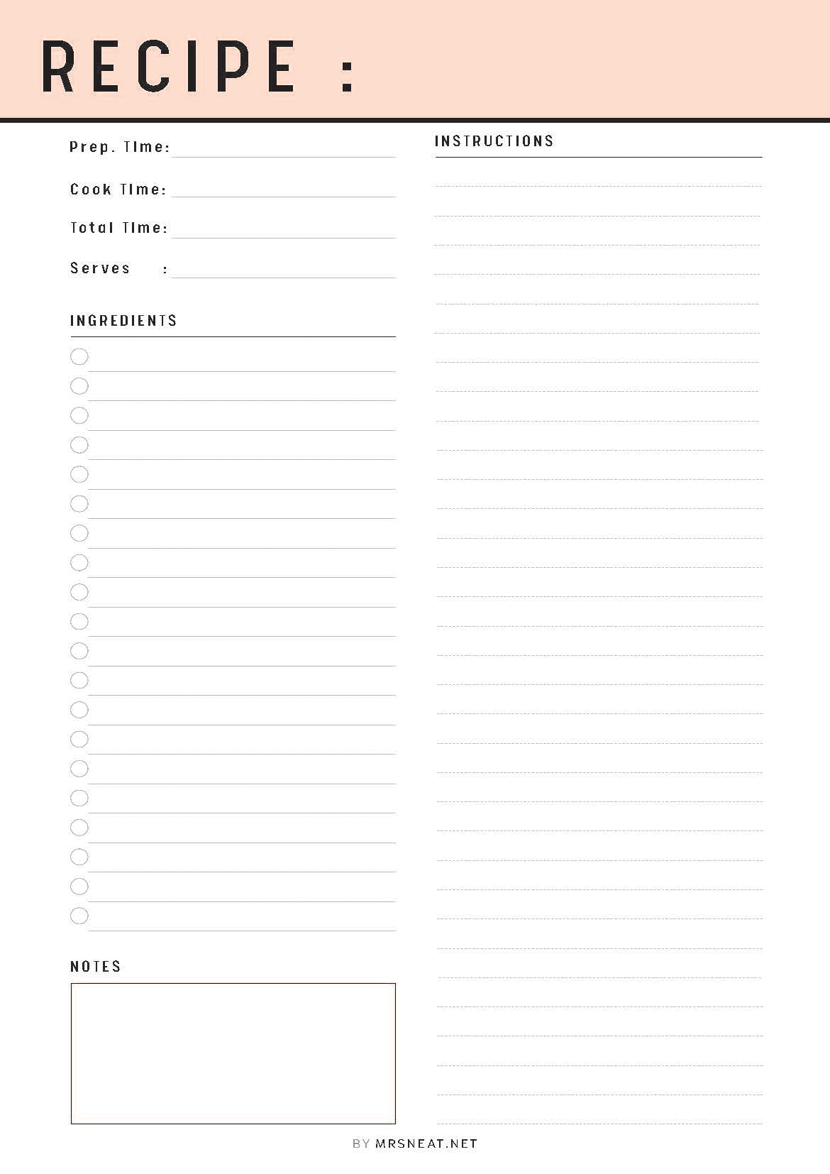 Blank recipe card with a pink top border and black text area.