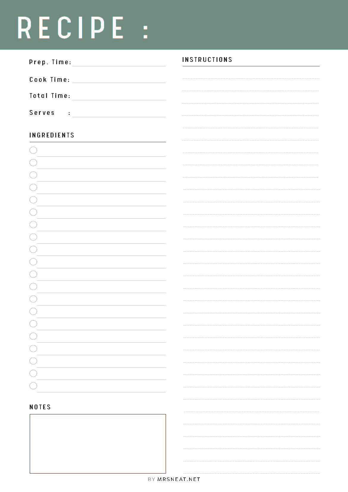 Blank recipe card template with green header and white background